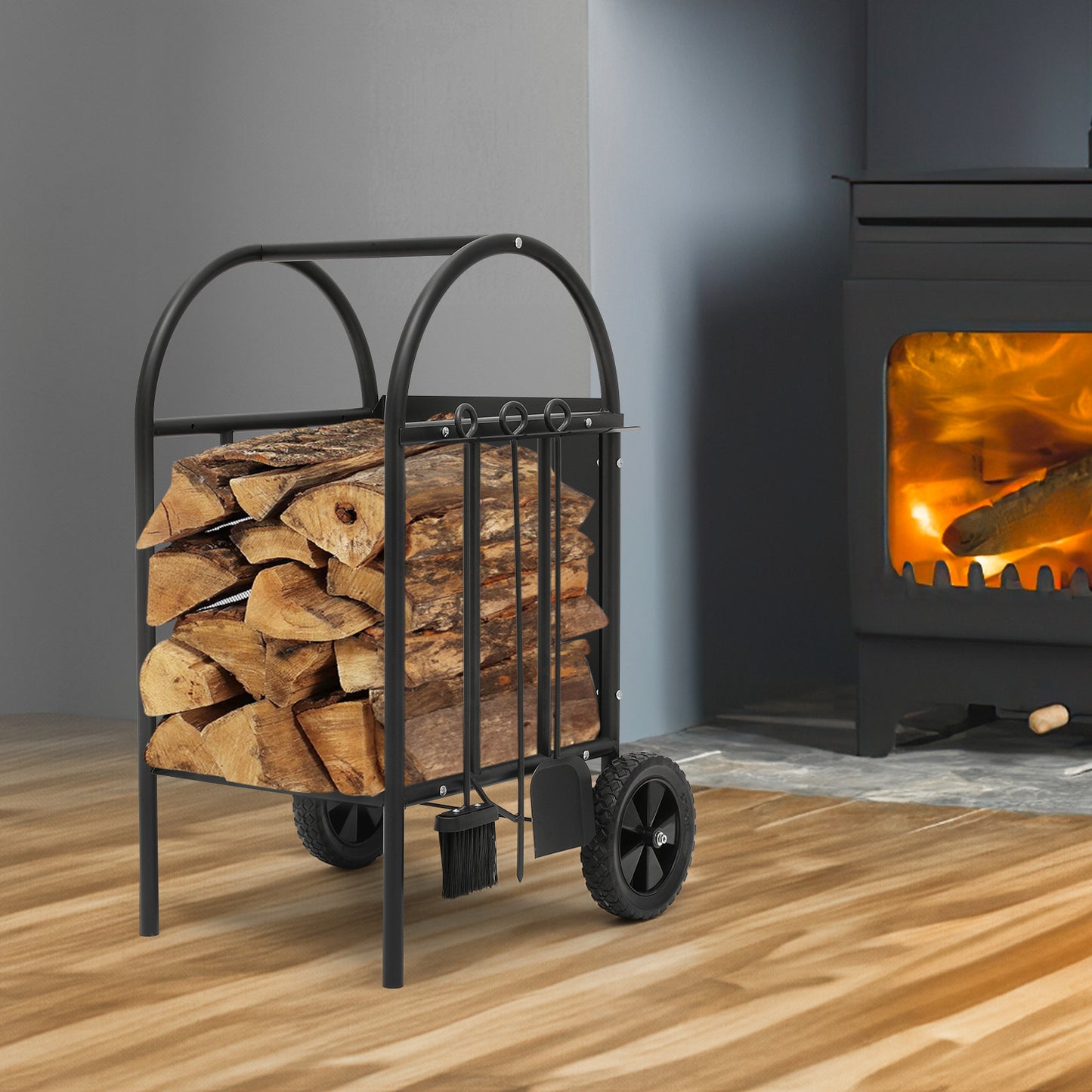 Rolling Firewood Rack - Log Storage Cart - with Poker, Shovel, Broom