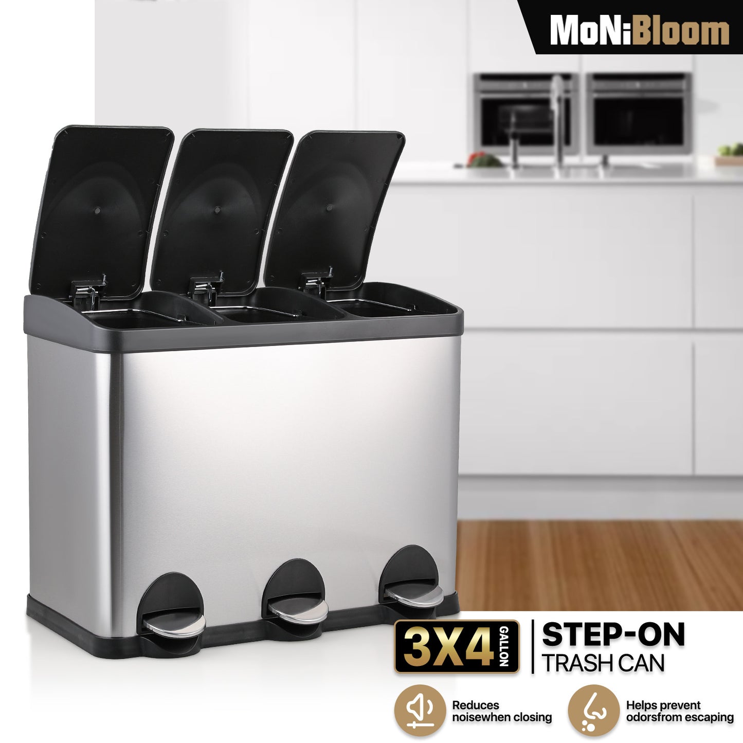 3 Compartment Step On Trash Bin - 3 * 15L