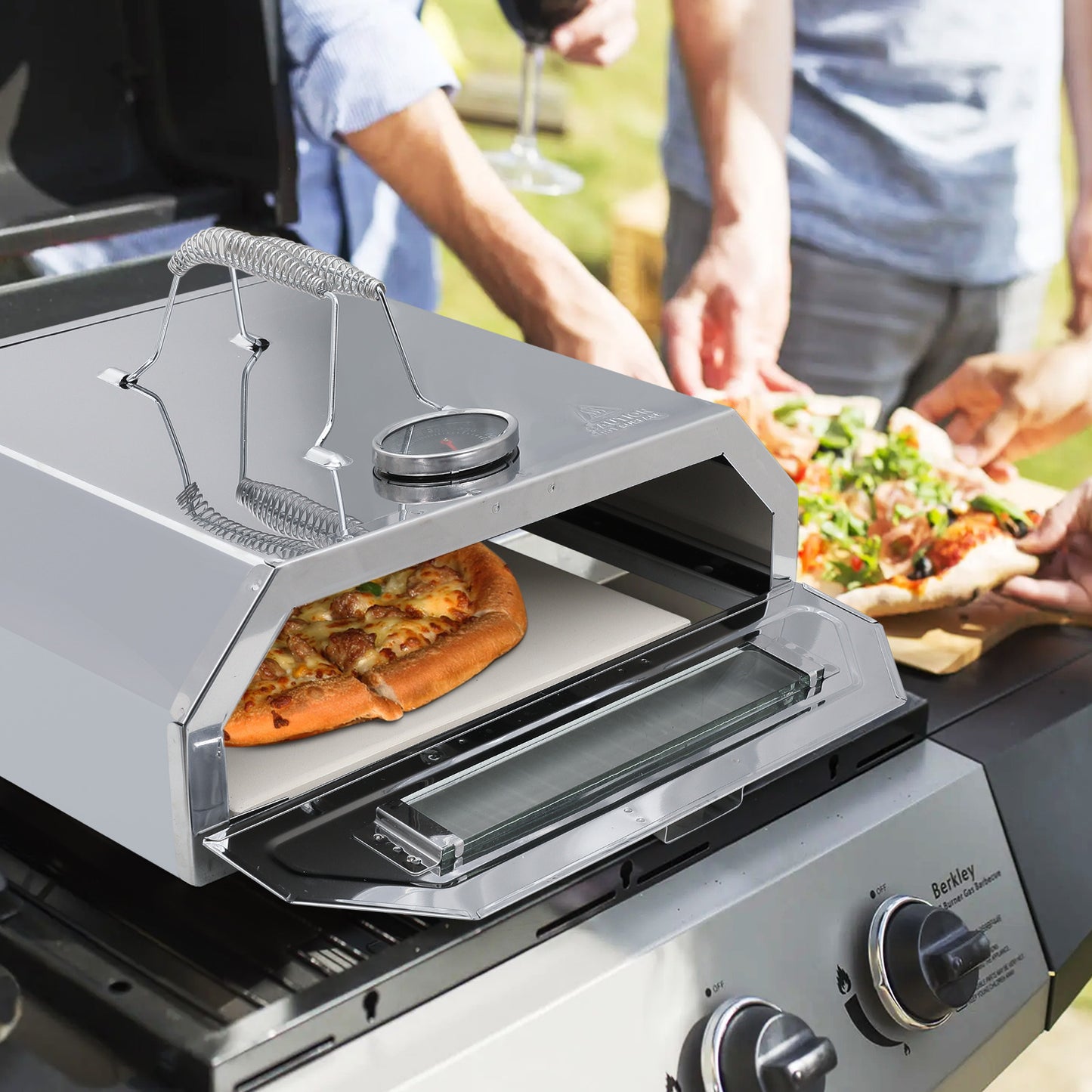 Stainless Steel Pizza Oven for Grill - 14.7*11.5*4.7 inch -11*9 inch Pizza Stone - Silver