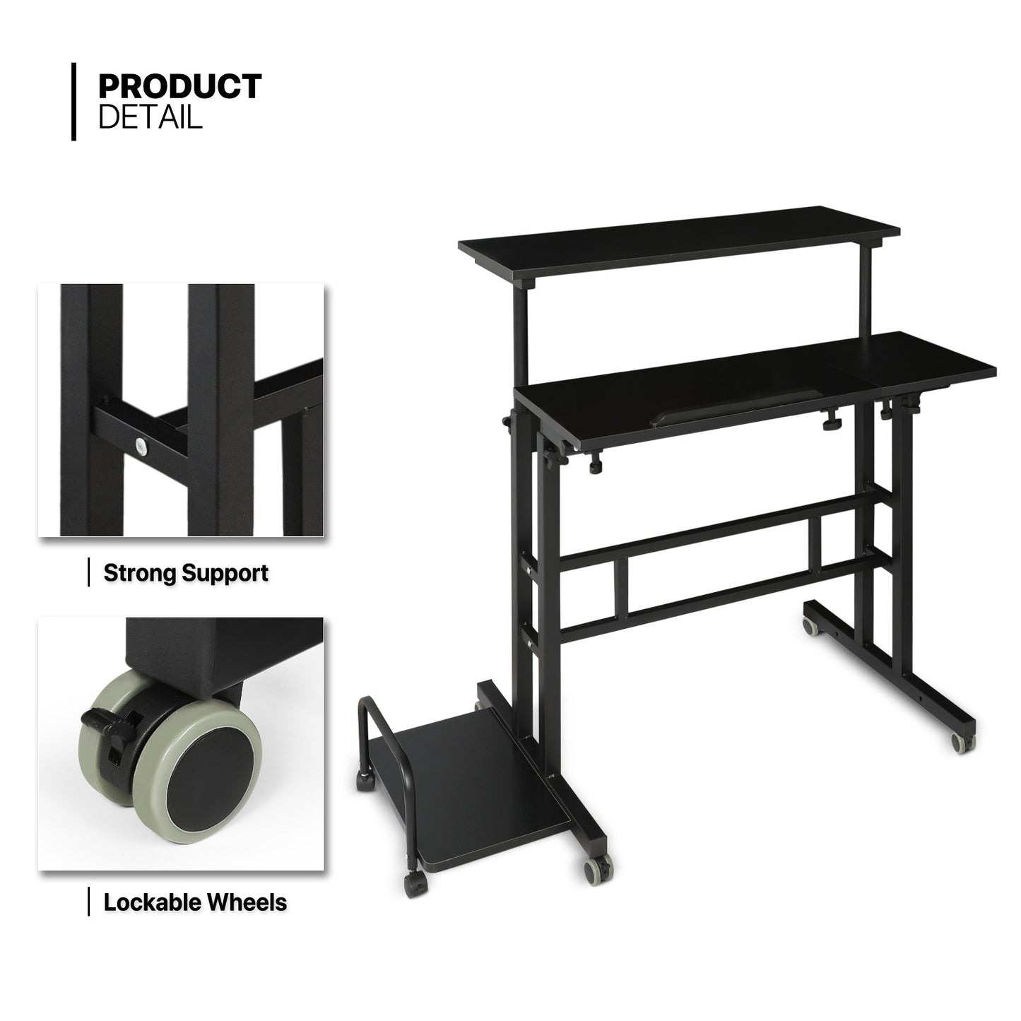 Rolling Lifting Computer Desk w/Monitor Shelf & CPU Stand - Adjustable Height & Tilt