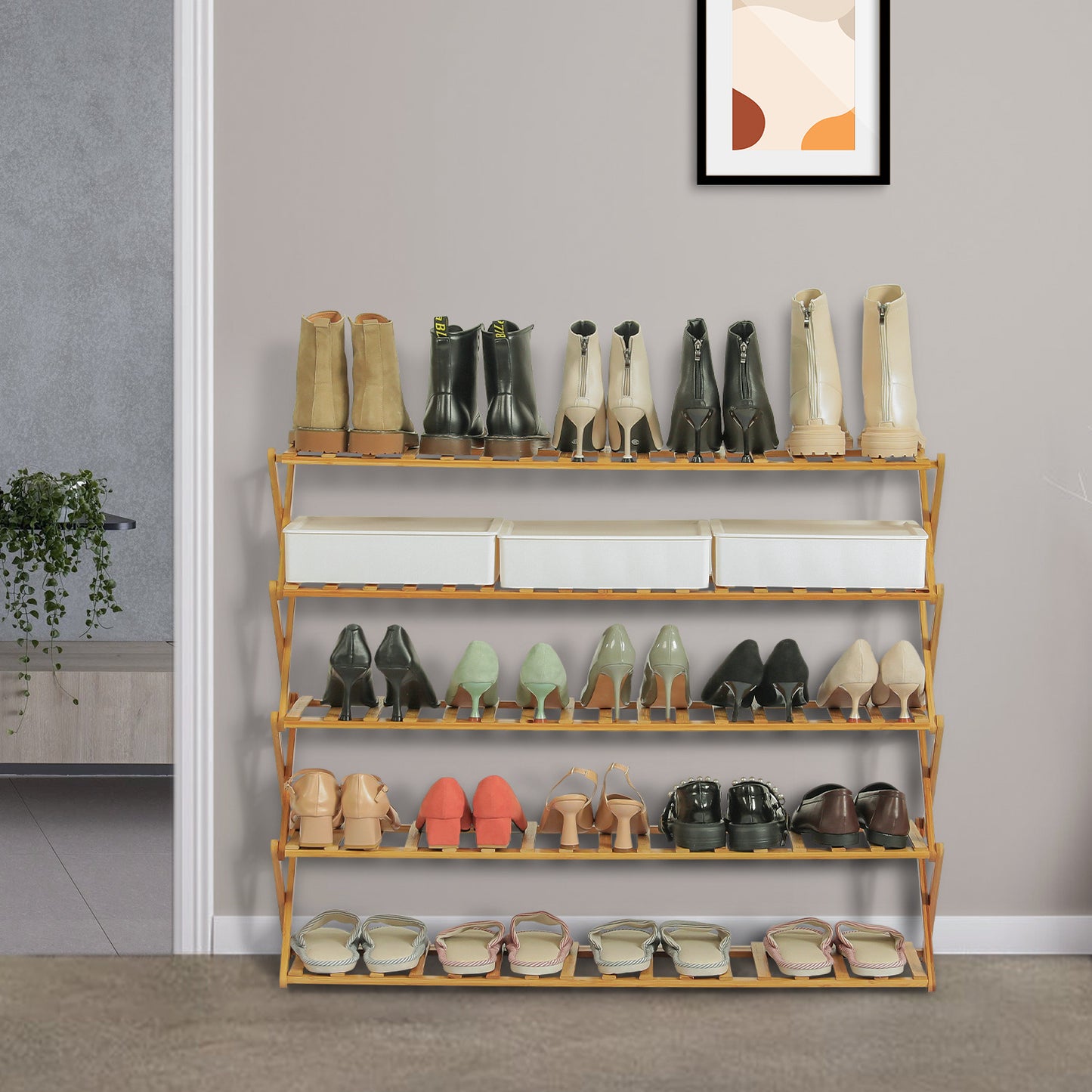 Foldable Multifunctional Shoe Rack Organizer - 5 Tier - Natural