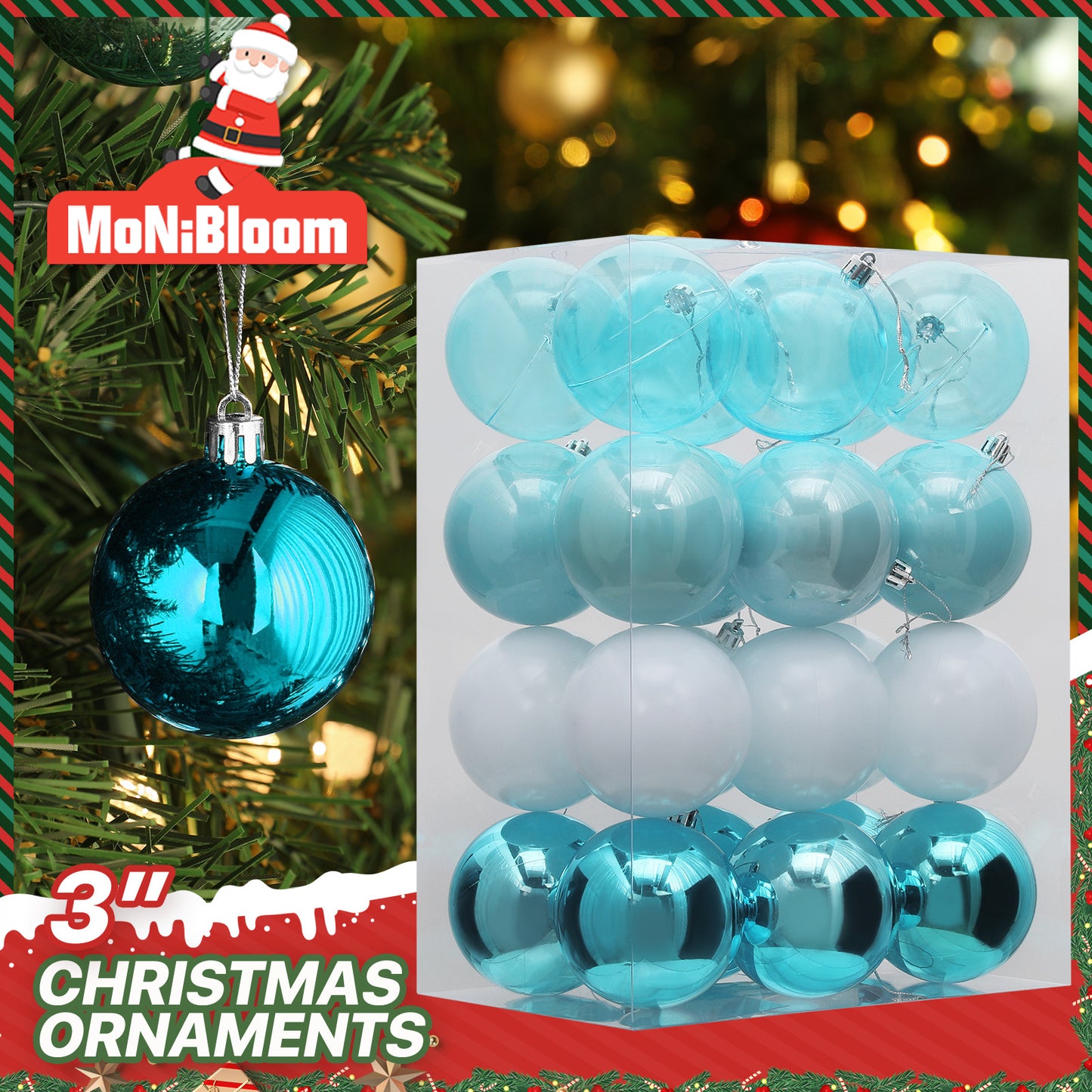 Ball Ornament - 3'' Diameter - 24PCS - 6*Shiny 6*Matte 6*Transparency 6*Pearly White