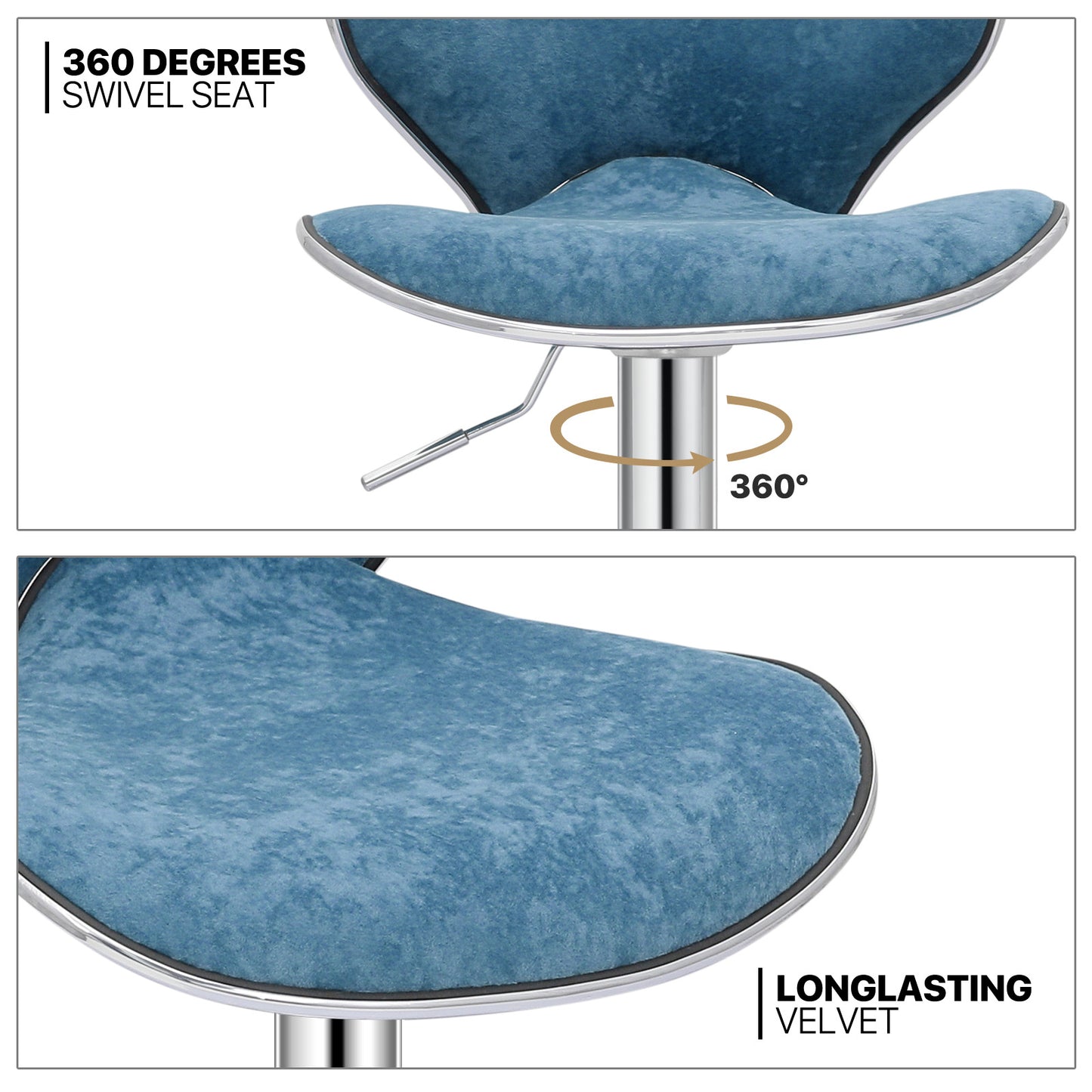 2 Piece Adjustable Height Bar Stool Swivel Dinning Chair Velvet Curved Seat