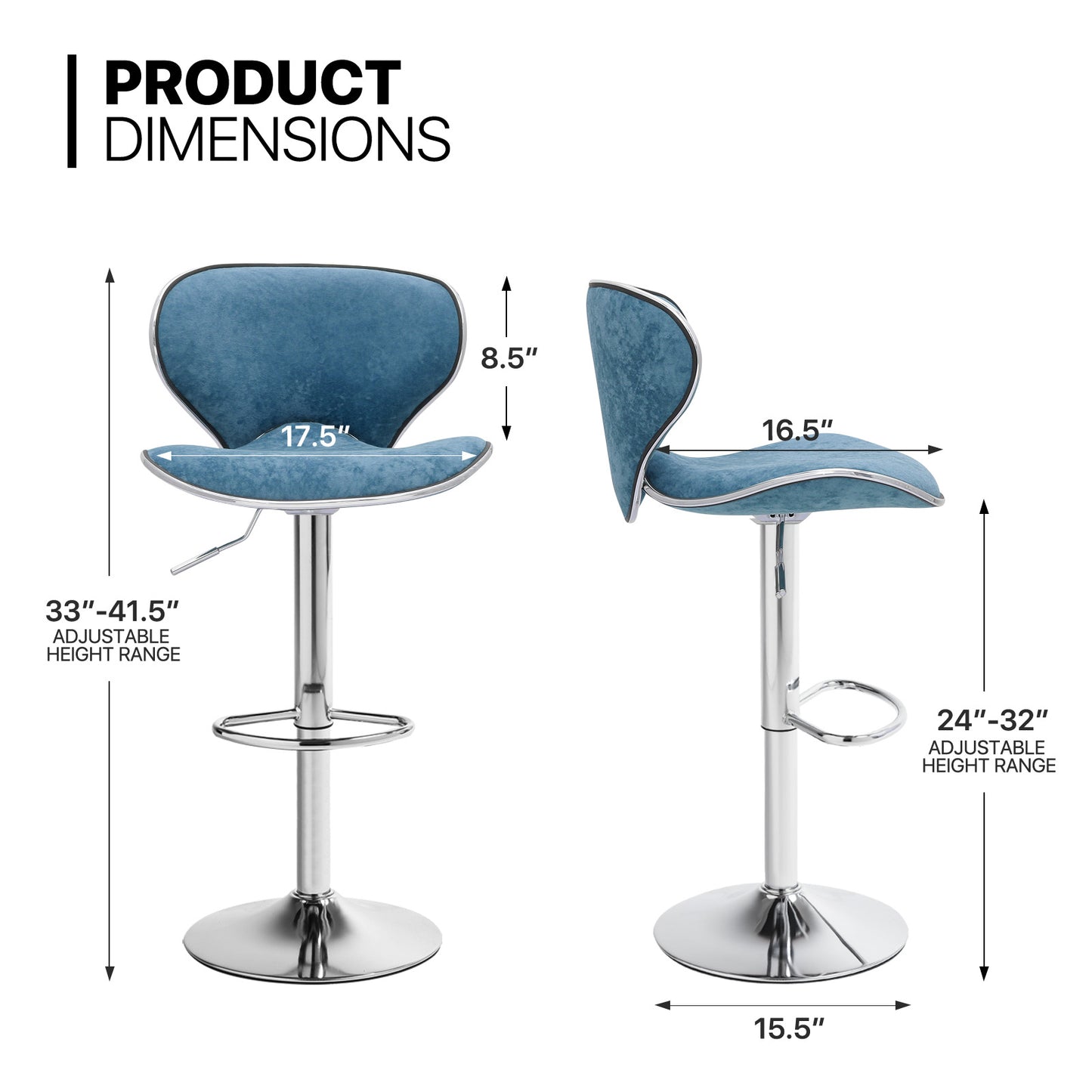 2 Piece Adjustable Height Bar Stool Swivel Dinning Chair Velvet Curved Seat