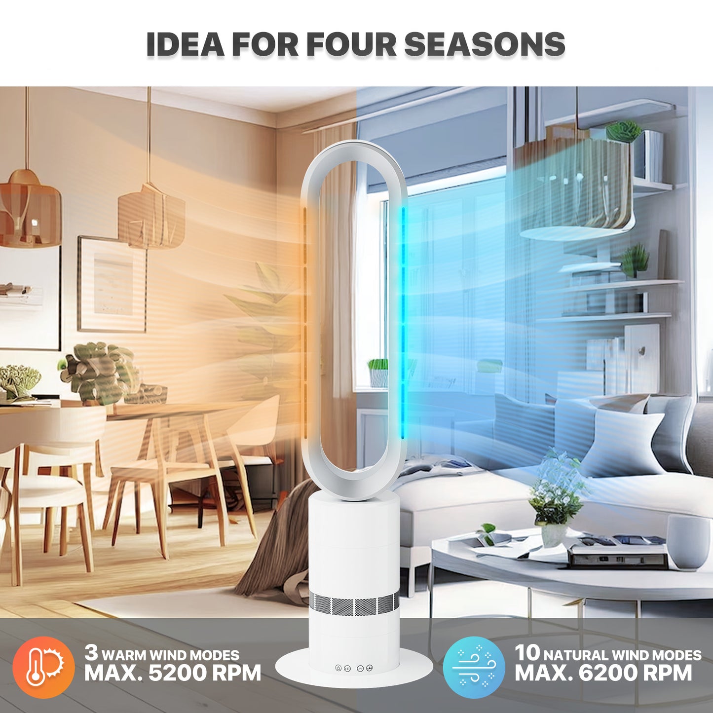 31.5 Inch Bladeless Fan - Space Heater - 10 Speeds Cooling & 3 Speeds Heating