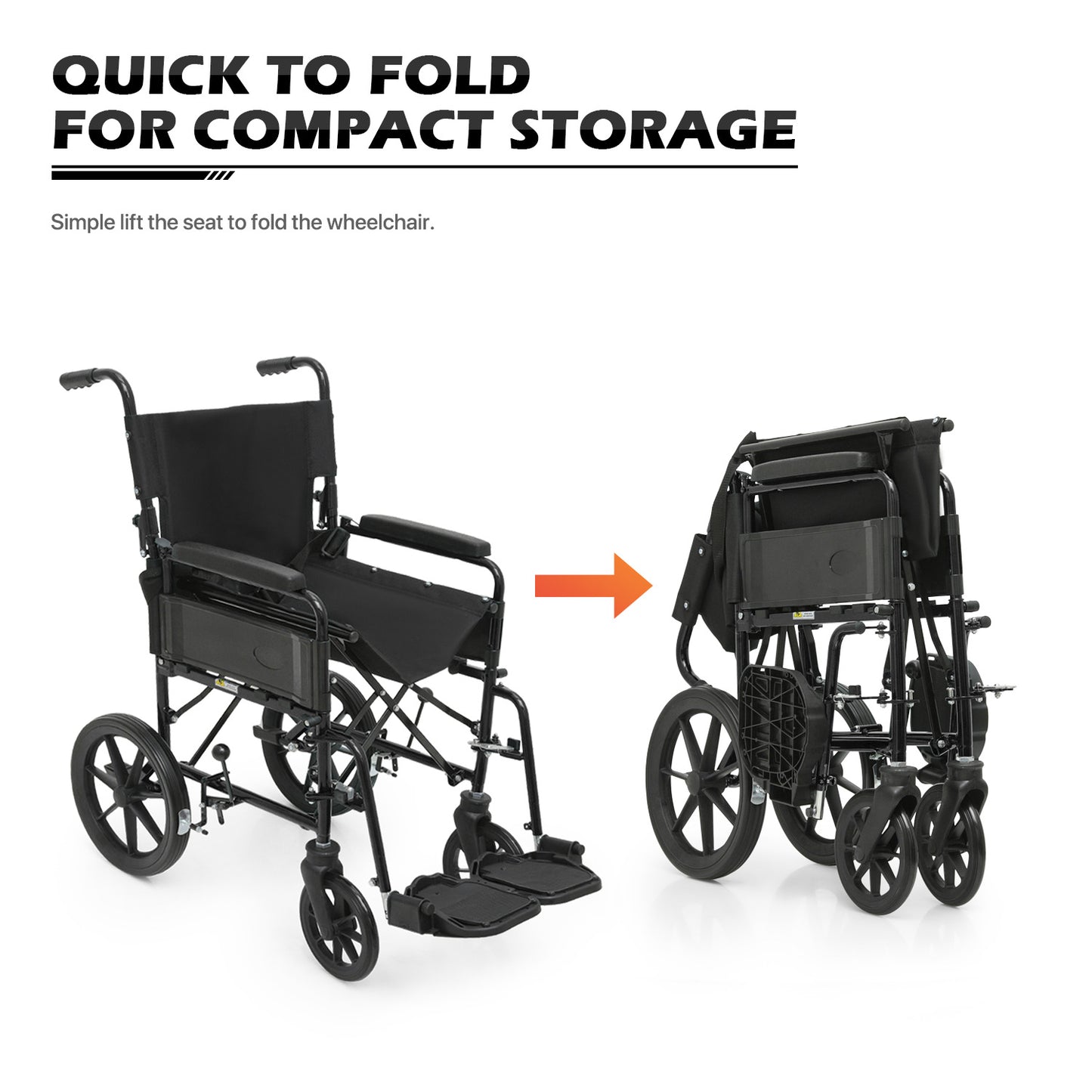Transport Wheelchair - FDA Approved, PU Paded Armrest, Black