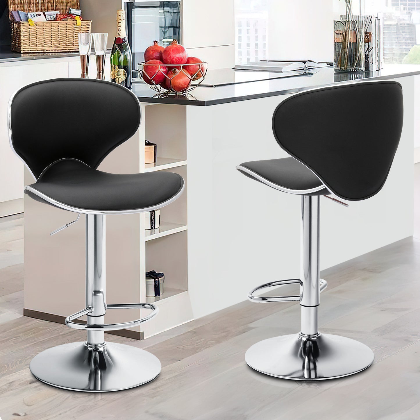 Set of 2 Leather Swivel Bar Stool Modern Adjustable Kitchen Counter Height Chair