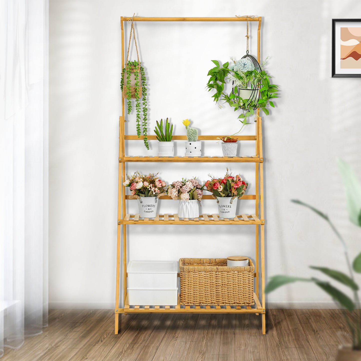 Foldable Flower Plant Rack - A Frame Stand Shelf - with Top Hanging Rod - 3 Tier - Natural