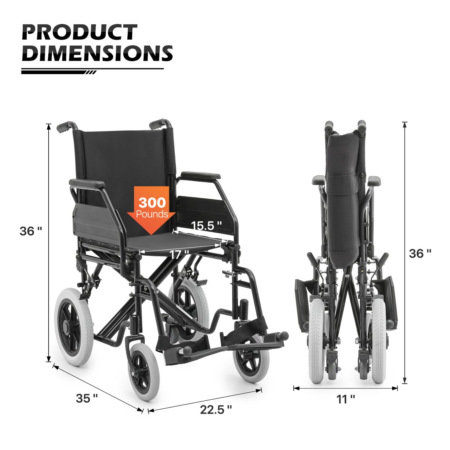 Transport Wheelchair - PU Solid Tyre - Black