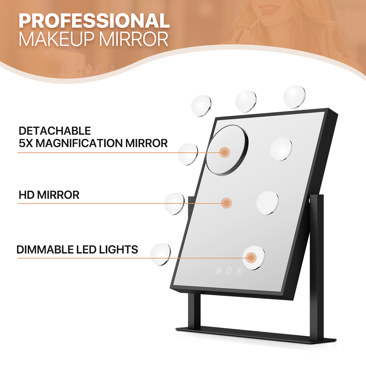 Rectangle 9 LED Plastic Bulb Vanity Mirror - 3 Color Lighting Mode - Brightness Adjustable - w/Detachable 5X Magnification Mirror