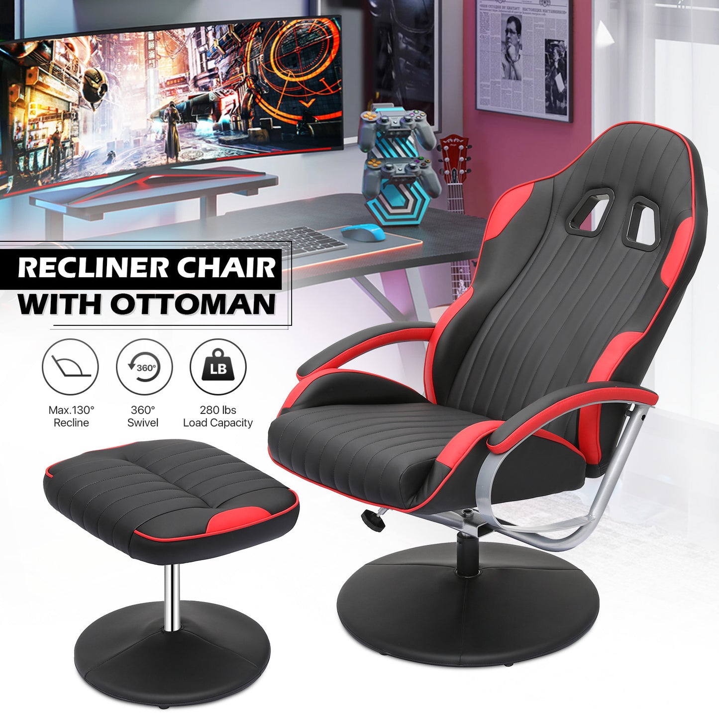Gaming Chair with Ottoman - PU Leather