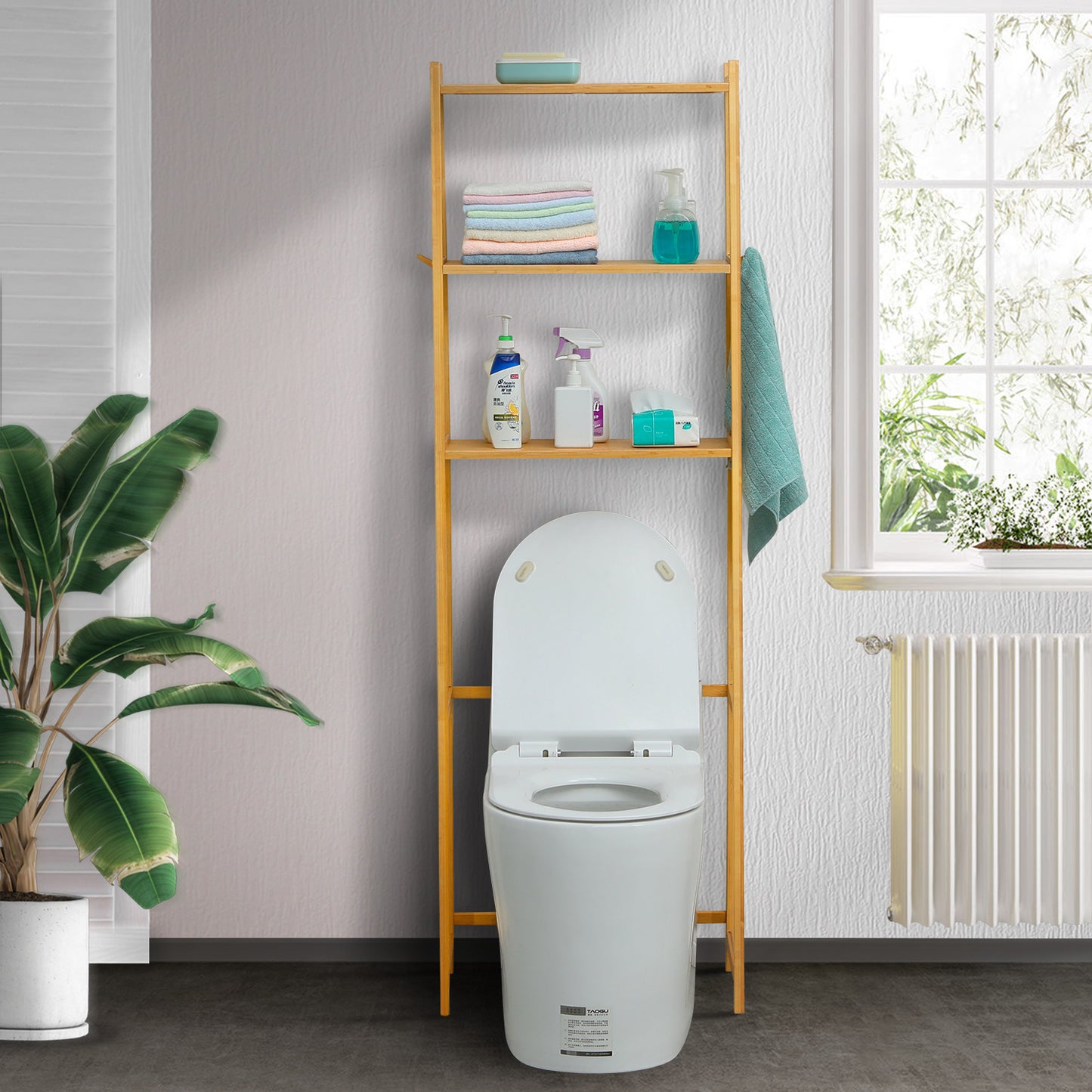 Over Toilet Storage Rack - with Hooks - Natural