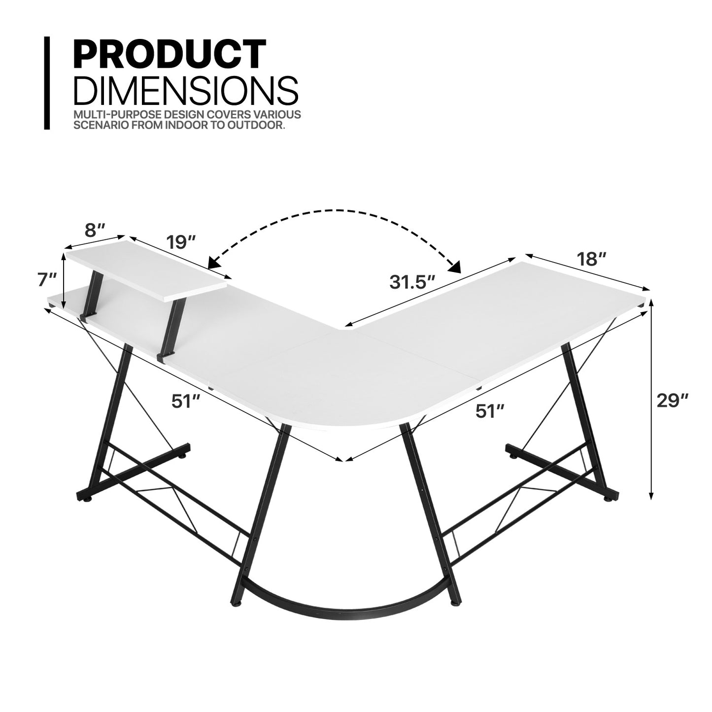 L-shape Corner Computer Desk - 51"x51"x29" - with Shelf