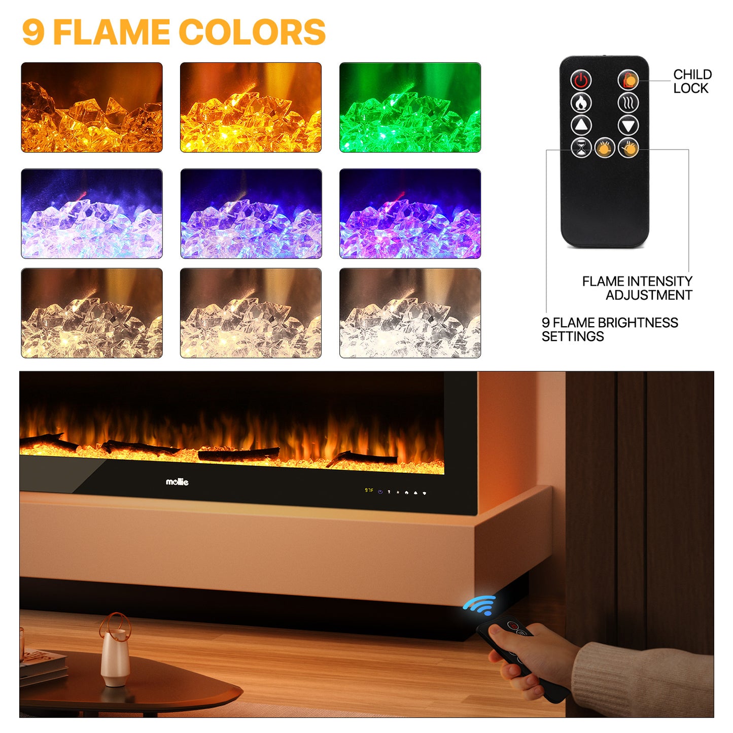 50" Wall Mounted Electric Fireplace - 1400W Space Heater - 8 Flame Colors 4 Brightness Level - with Remote