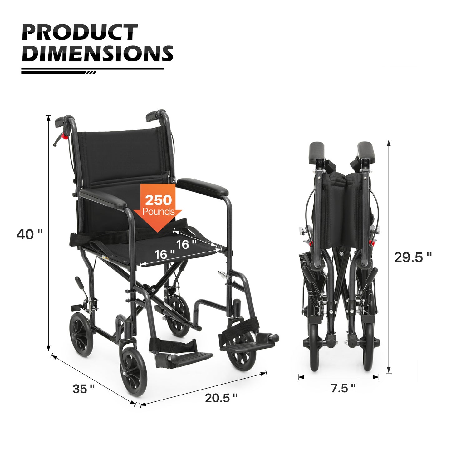 Lightweight Transport Wheelchair - FDA Approved, with Handbrakes, Black