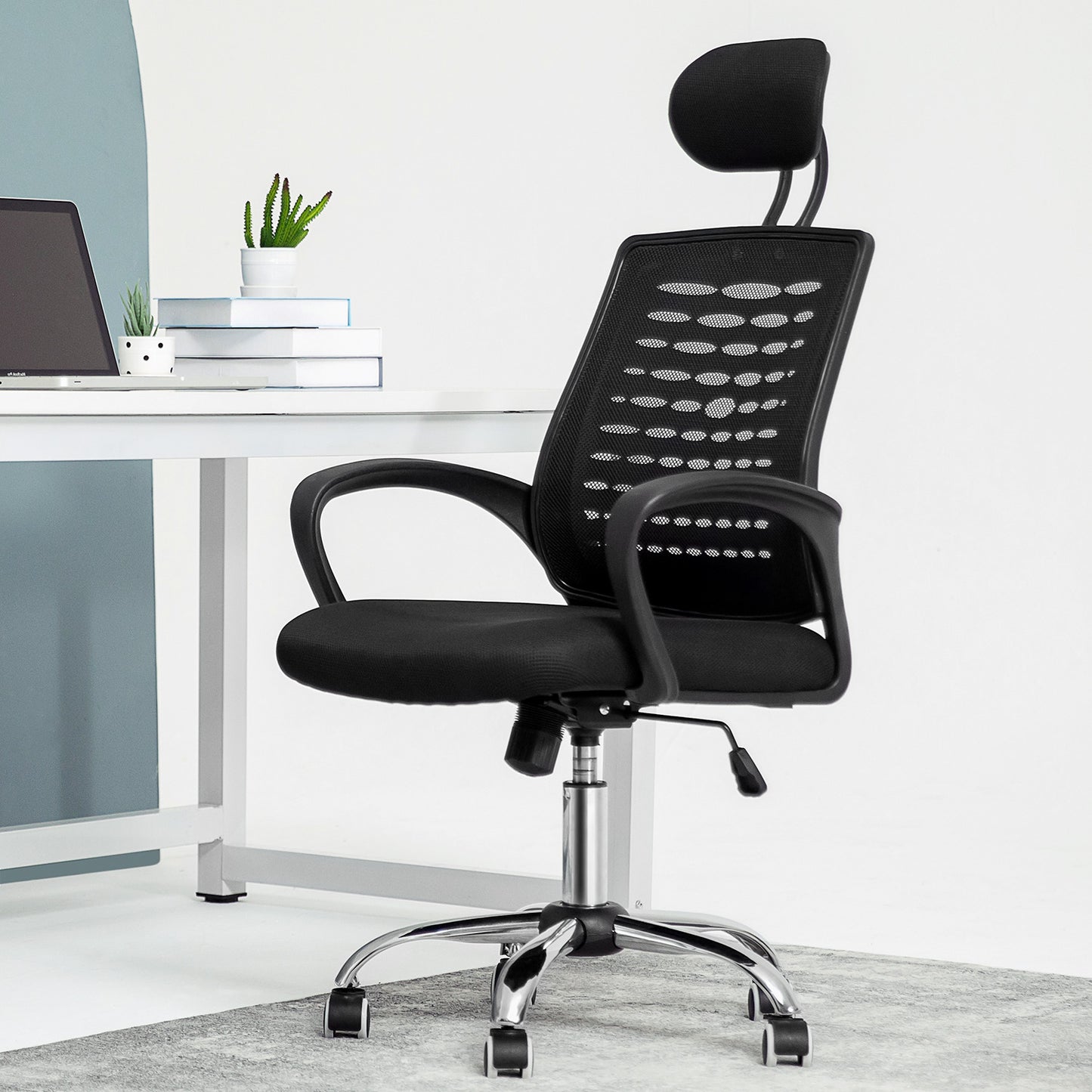 Mesh Task Chair with Headrest - Black - 29" x 47" Studded Mat Set