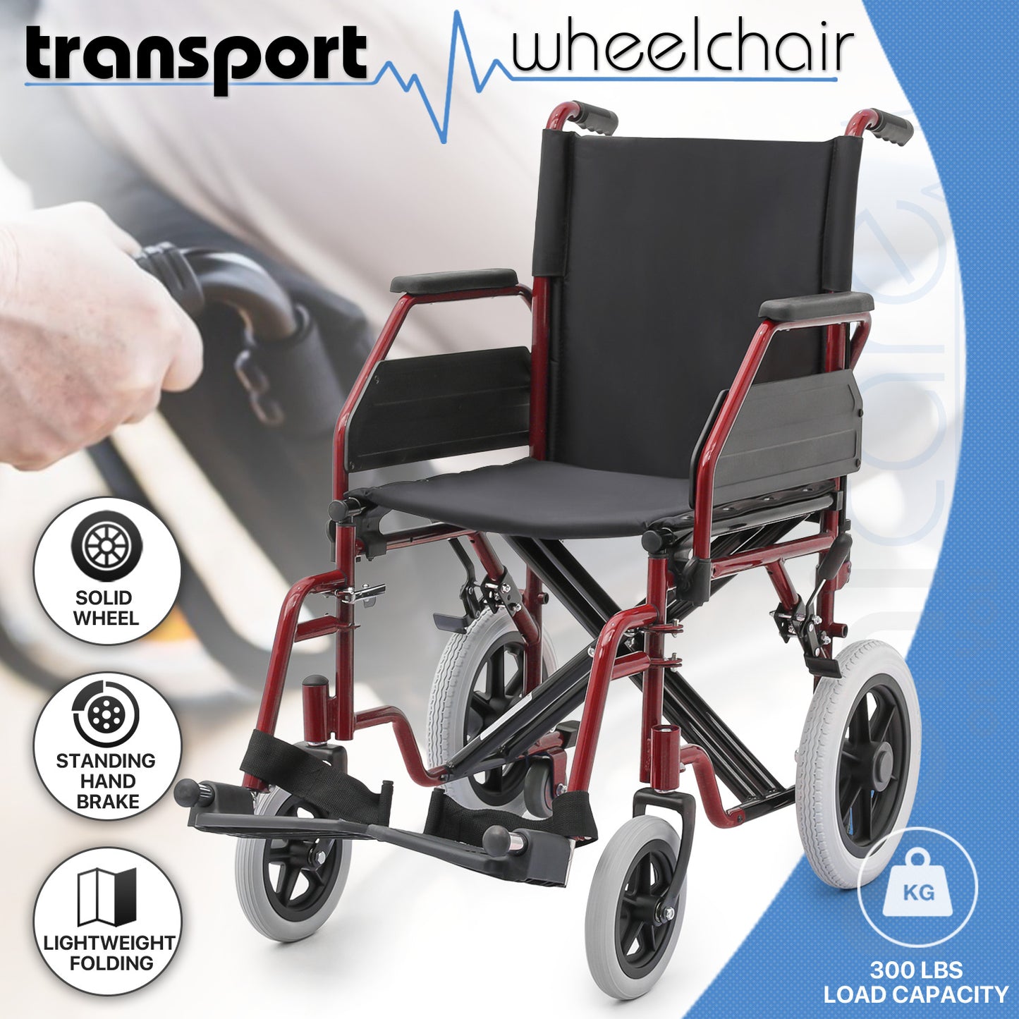 Transport Wheelchair - PU Solid Tyre - Red