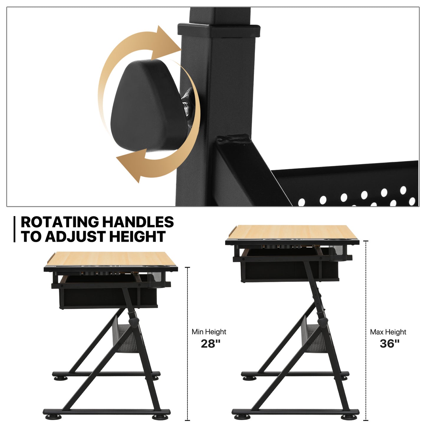 Drafting Table - 61" Natural desktop with black frame, 2 black drawers, with black stool