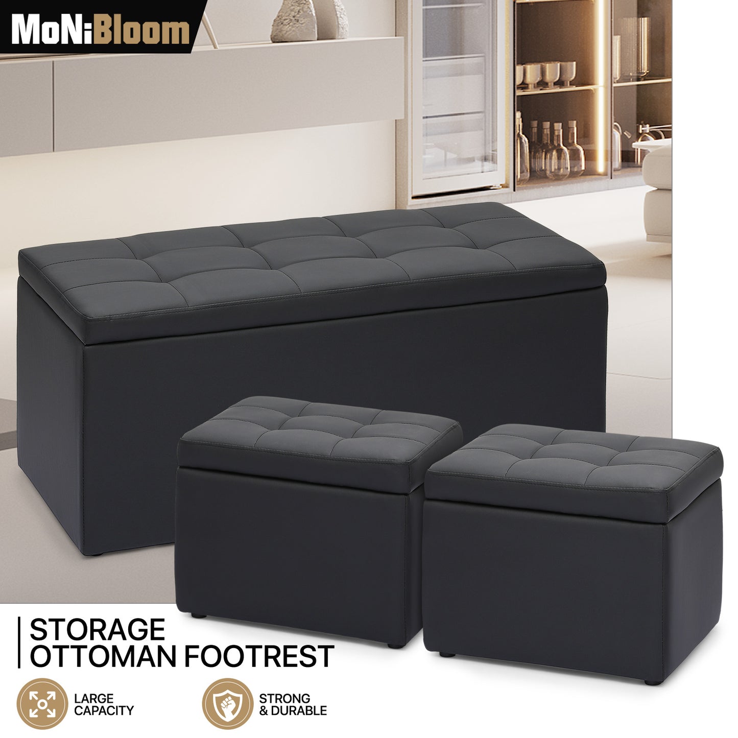 Set of 3 Lift top Storage Ottoman Bench Upholstered Footrest w/2 Cube Stool