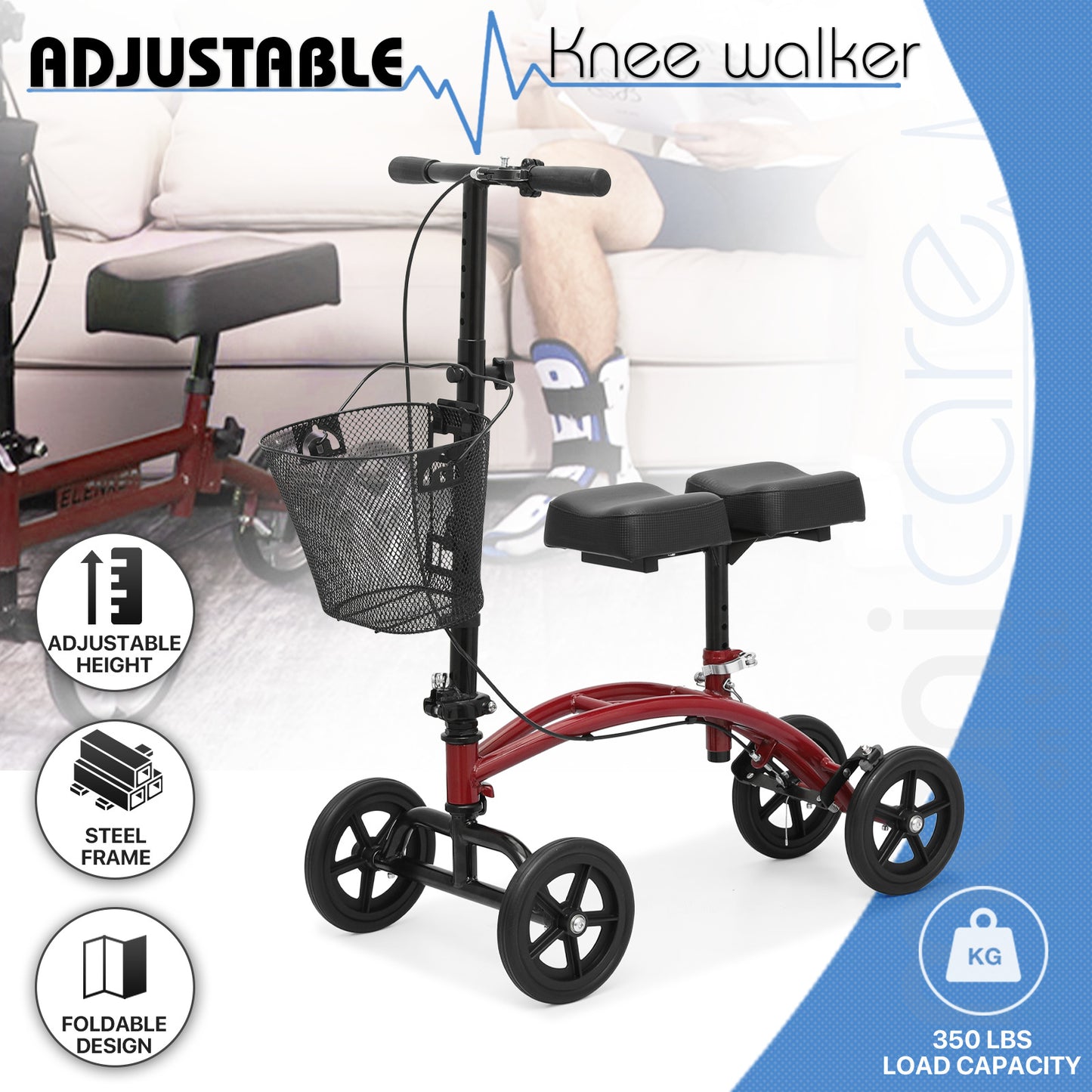 Knee Walker - Black Steel Frame Nylon Seat - 7.5'' Tires