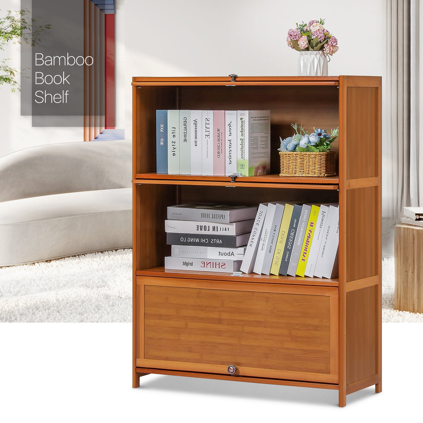 Slide Up Door Multi-Functional Storage Cabinet - 3 Tier - Brown