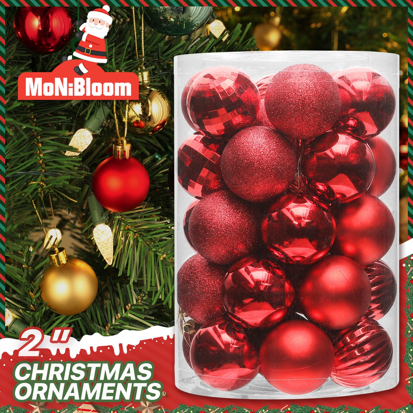 Ball Ornament - 2'' Diameter - 34PCS - 5*Shiny 5*Pumpkin 5*Mirrored 9*Glitter 10*Matte