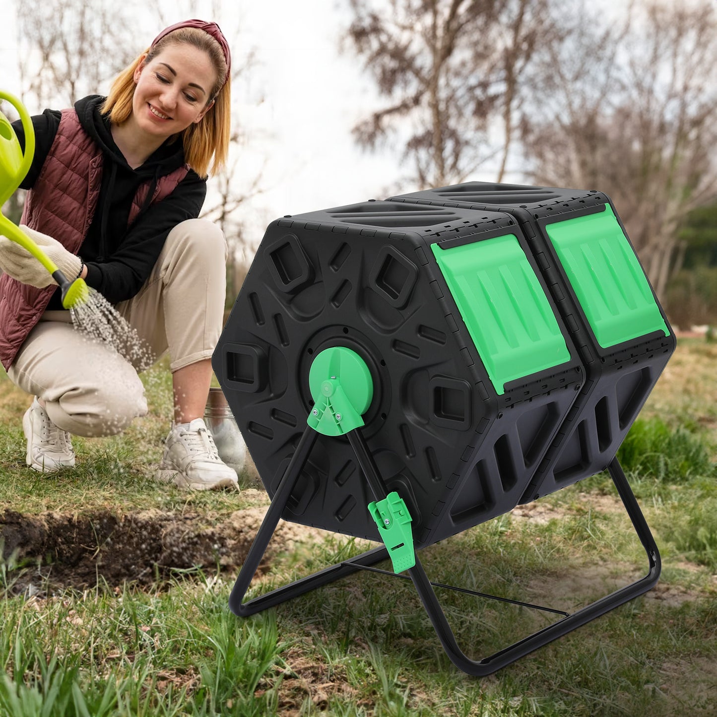 34 Gallon Dual Chamber Compost Bin - 2 Sliding Doors - with Gloves