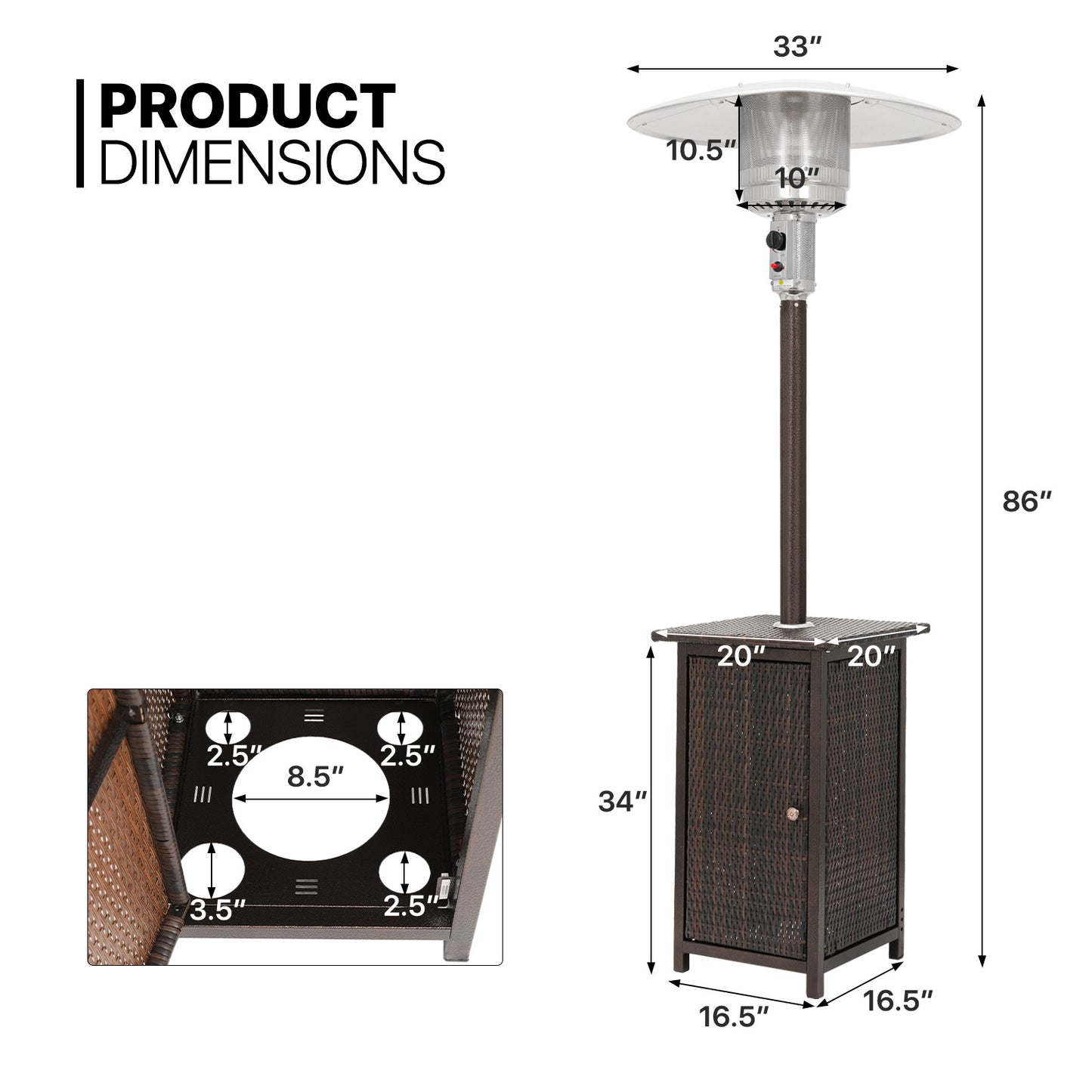 Outdoor 48,000 BTU Propane Patio Heater - w/PE Wicker Table - Anti-Tilt Protection