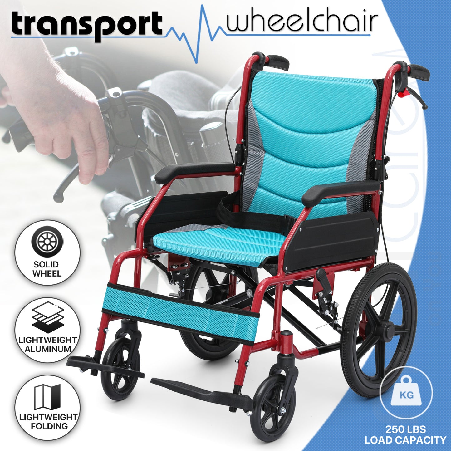 Transport Wheelchair - with Handbrake, Cushion - Red