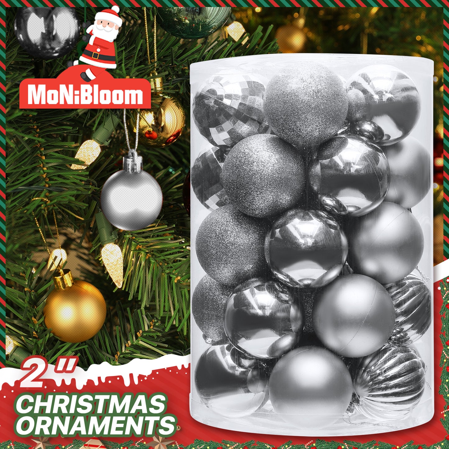 Ball Ornament - 2'' Diameter - 34PCS - 5*Shiny 5*Pumpkin 5*Mirrored 9*Glitter 10*Matte