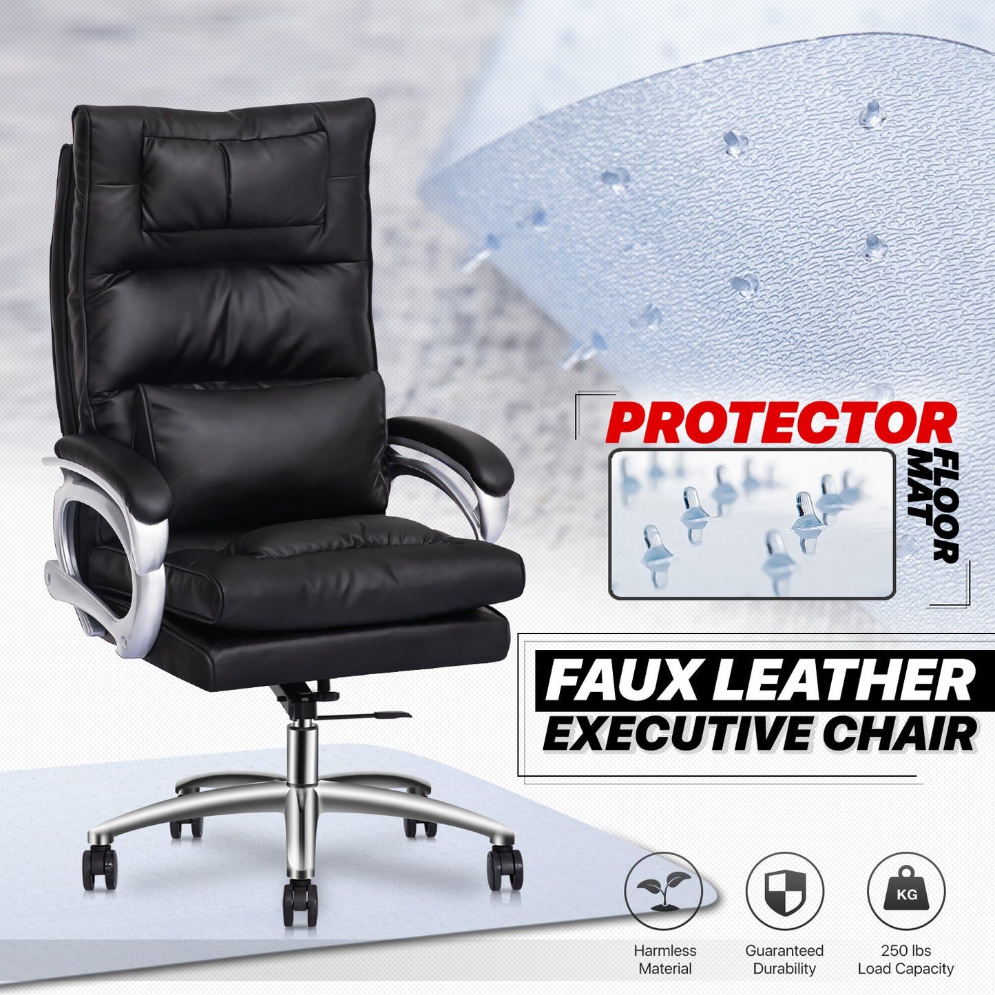 Faux Leather Executive Chair with Lumbar Support - 29" x 47" Studded Mat Set