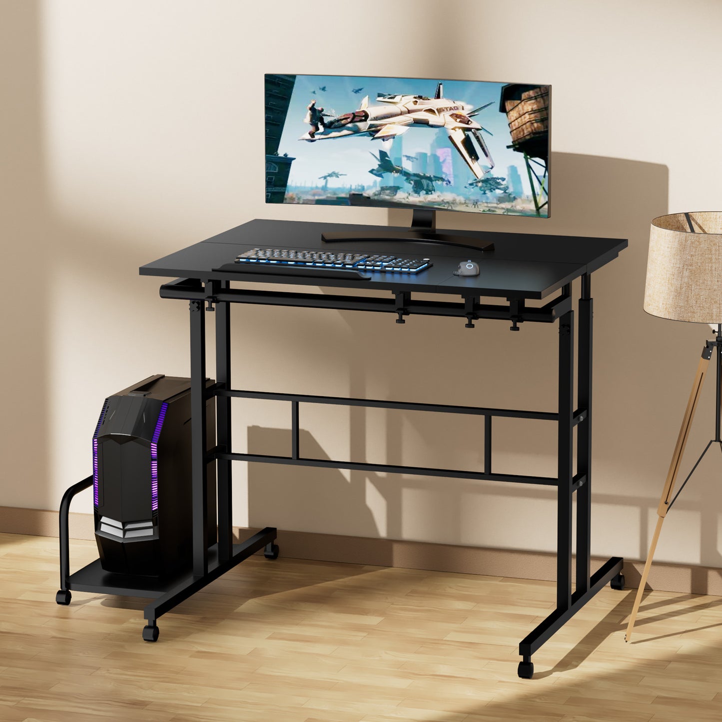 Rolling Lifting Computer Desk w/Monitor Shelf & CPU Stand - Adjustable Height & Tilt