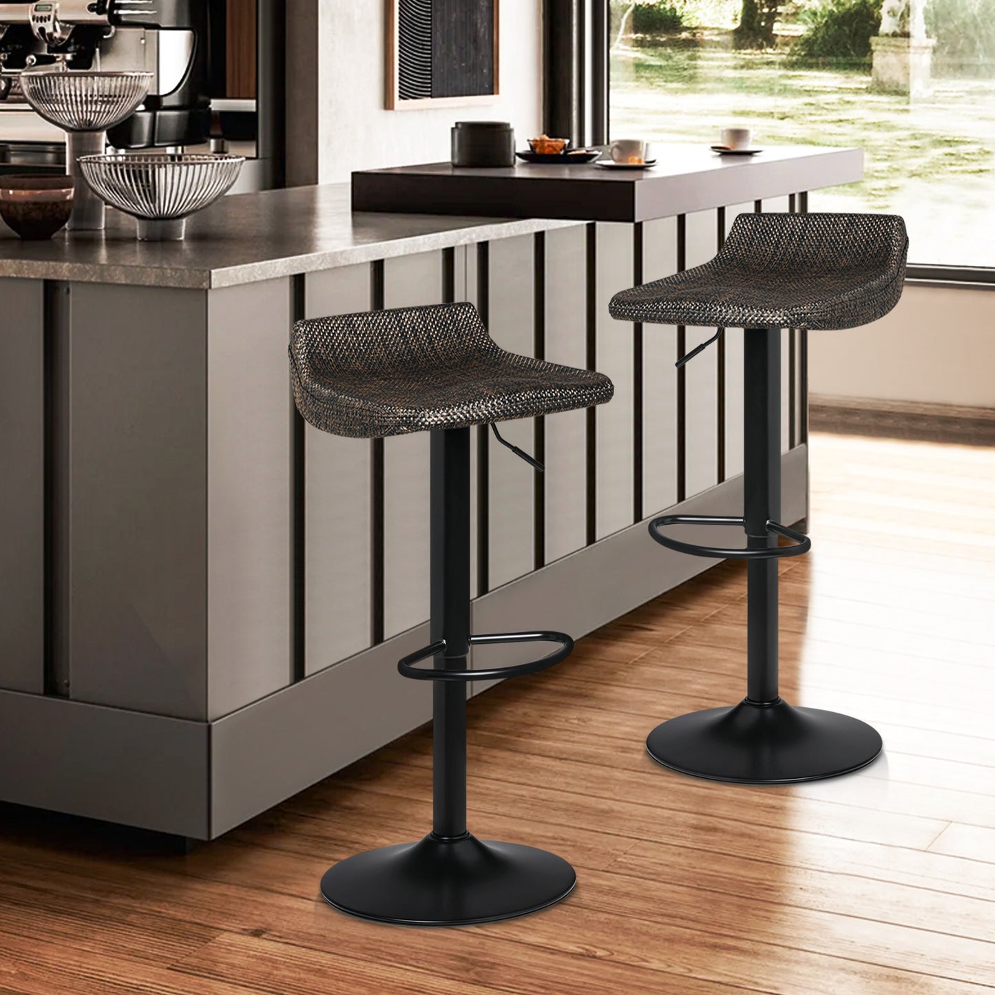 2 Pcs Rotatable Rattan Bar Stool Black/Brown