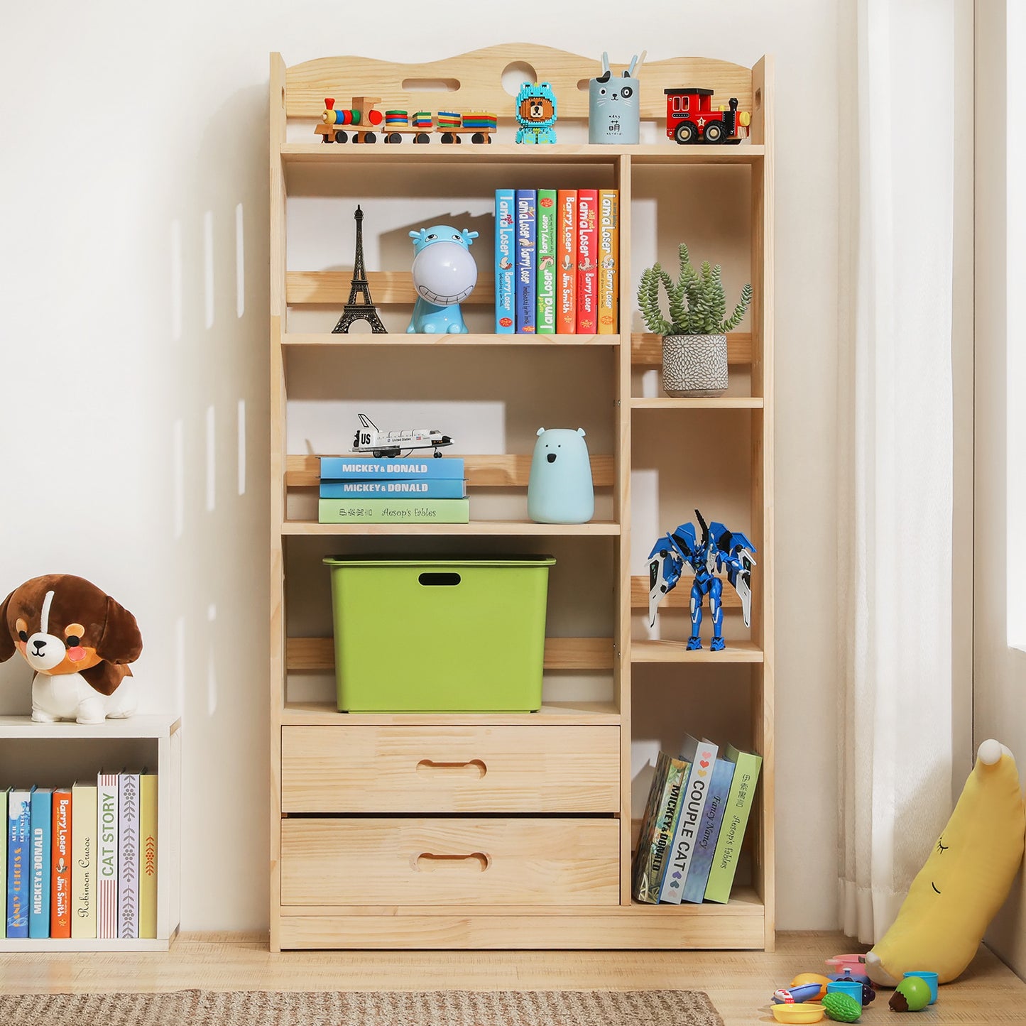 Wooden Display Storage Organizer - 5 Tier - with Drawer - 33" - Natural