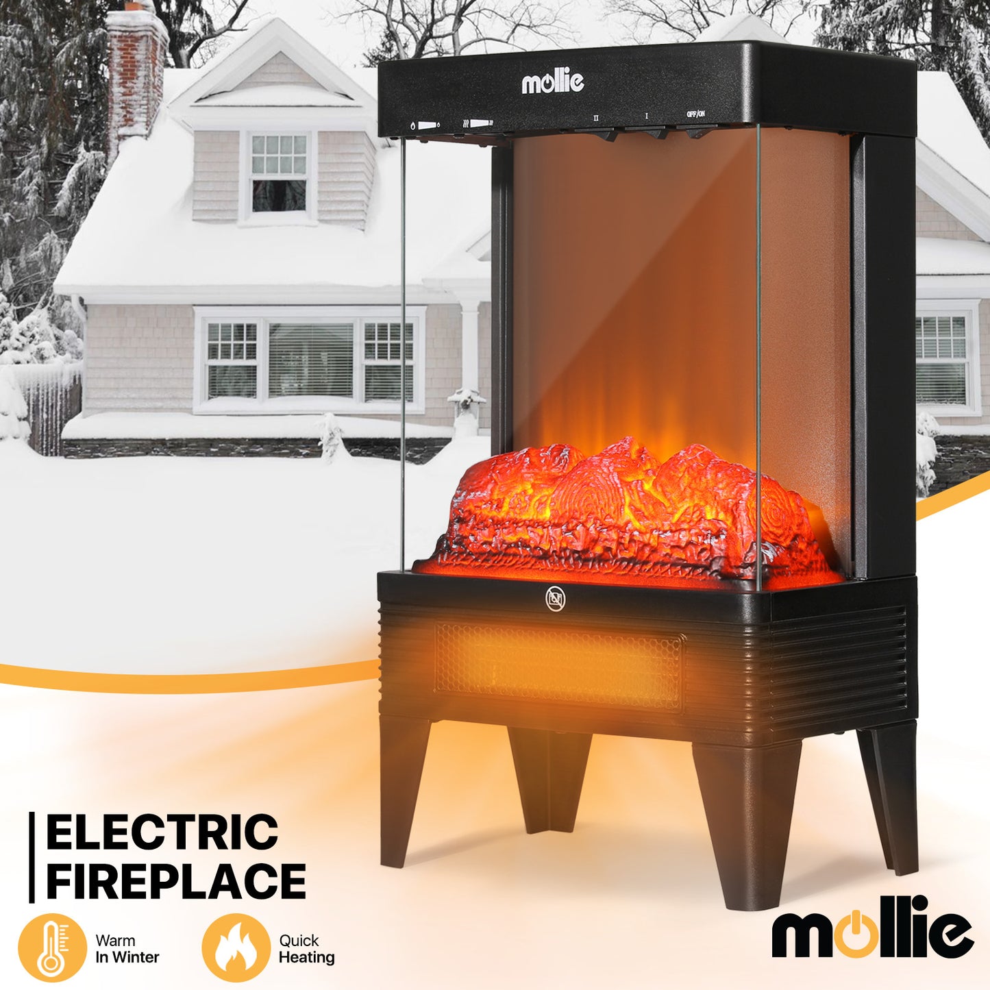 Freestanding Electric Fireplace - 1500W Space Heater - Adjustable Flame Brightness