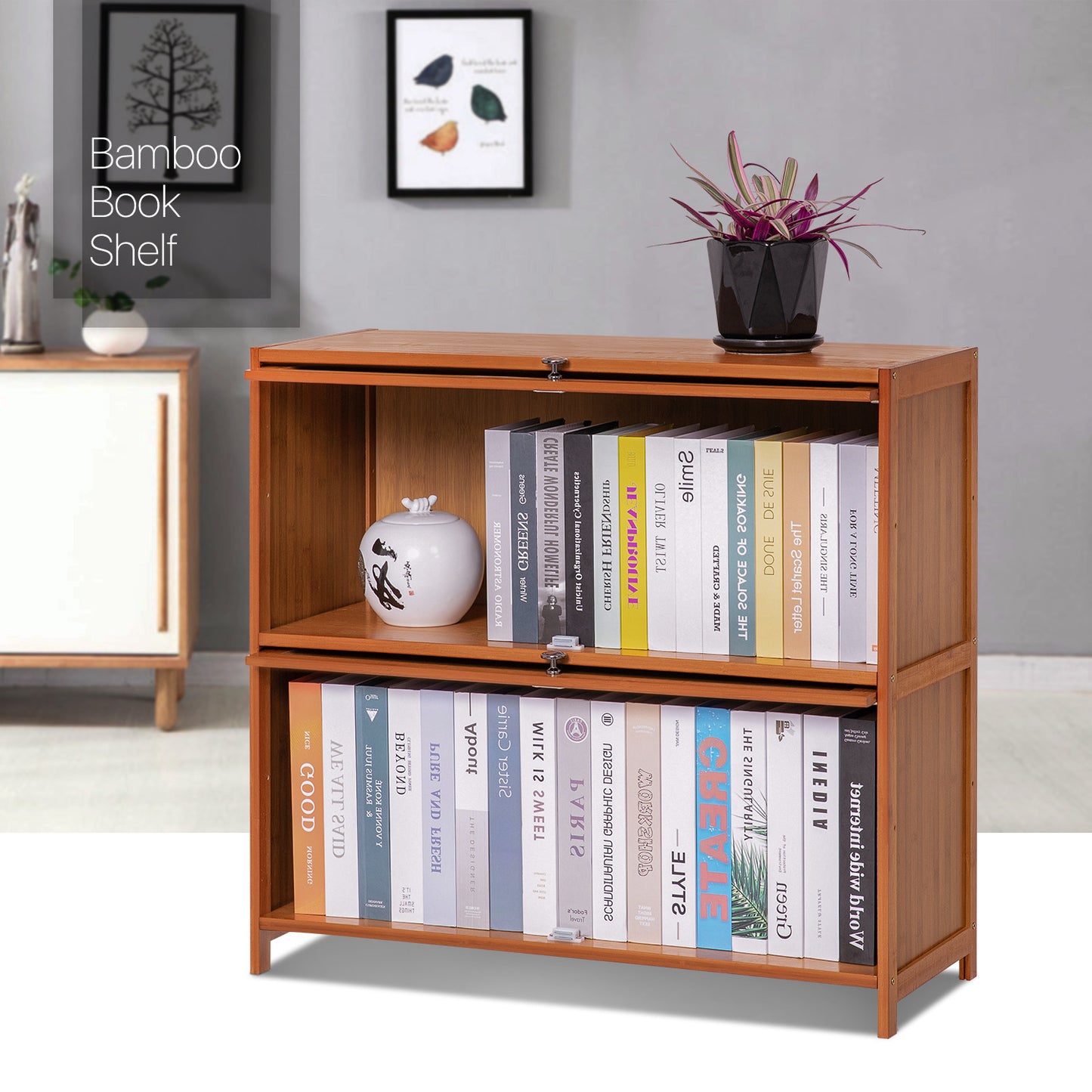Slide Up Door Multi-Functional Storage Cabinet - 2 Tier - Brown
