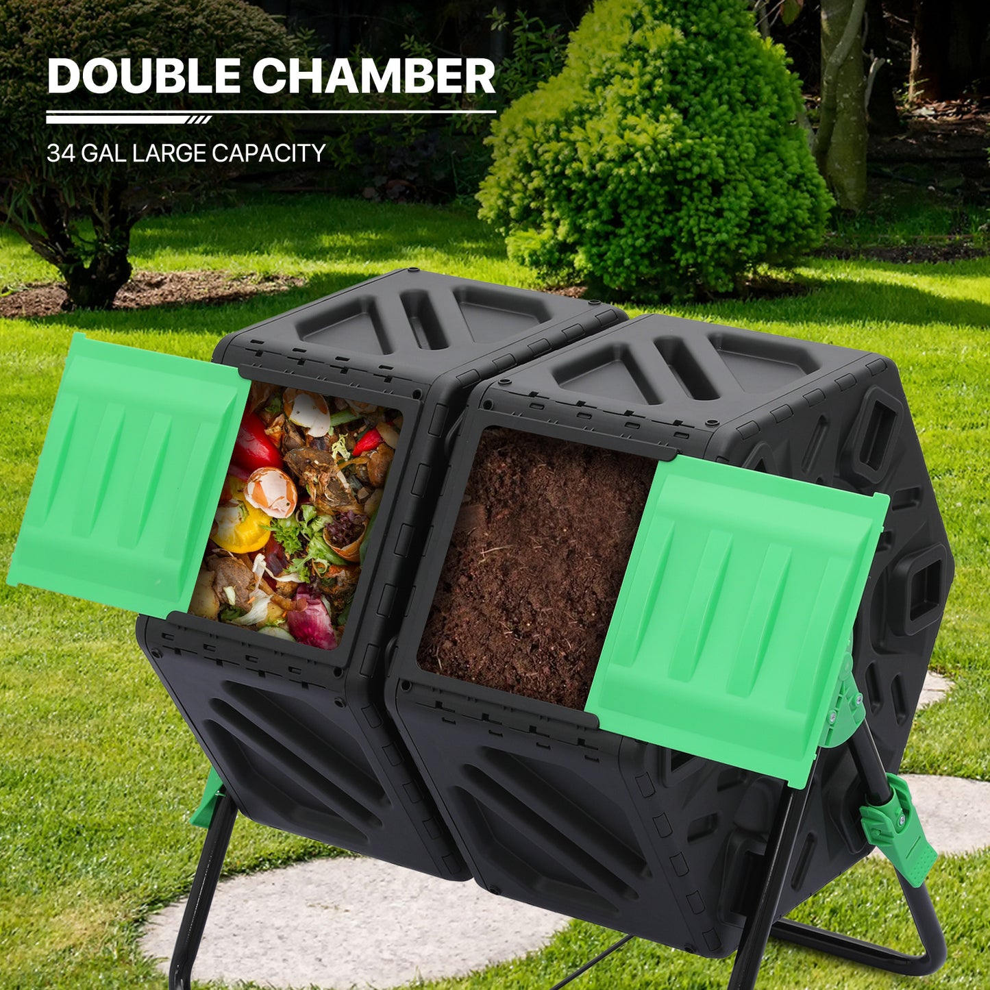 34 Gallon Dual Chamber Compost Bin - 2 Sliding Doors - with Gloves