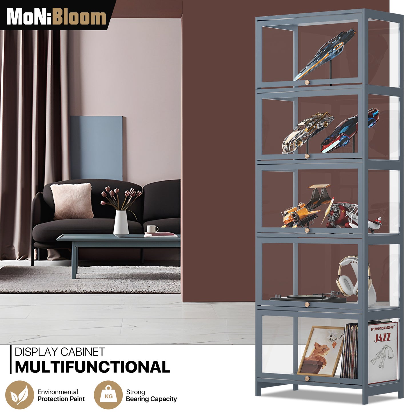 23" Filp Up Acrylic Door Showcase - 67.5''Height - 5 Tiers - Grey