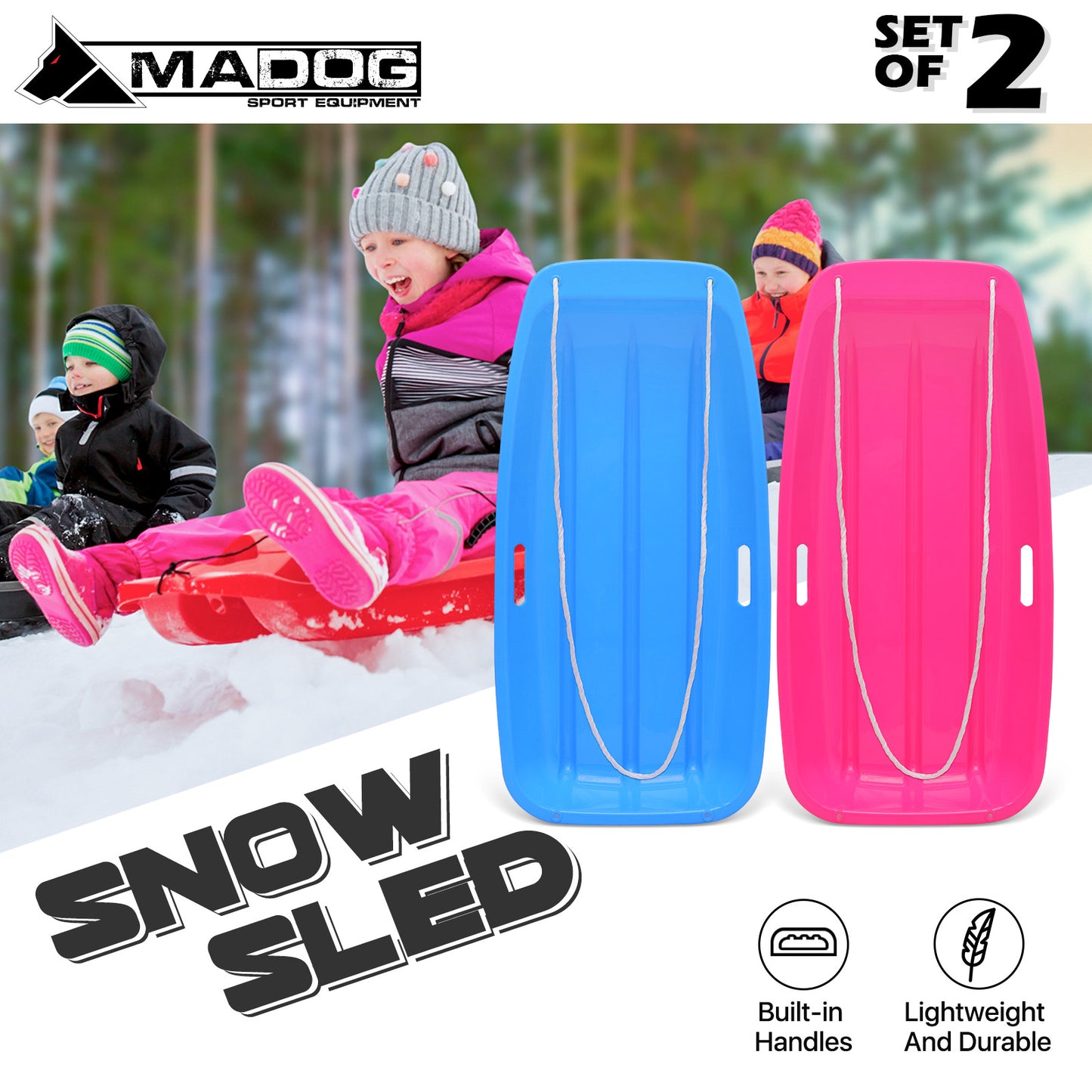 34.5'' Length Rectangular Snow Sled - Set of 2 - with Pull Rope