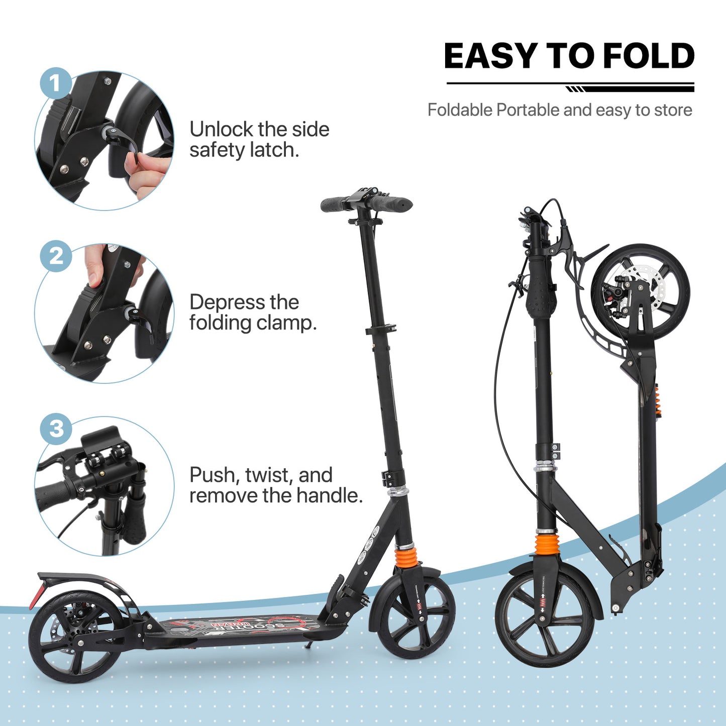 Foldable Kick Scooter - Adjustable Height Handlebar - 8" Wheels - w/Handlebrake