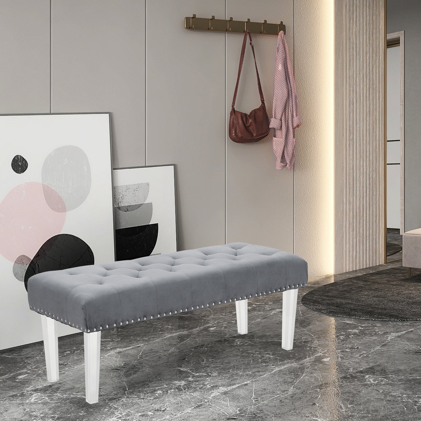 47" Tufted Ottoman Seat Mid-Century Rectangle Footstool Bench - Acrylic Foot