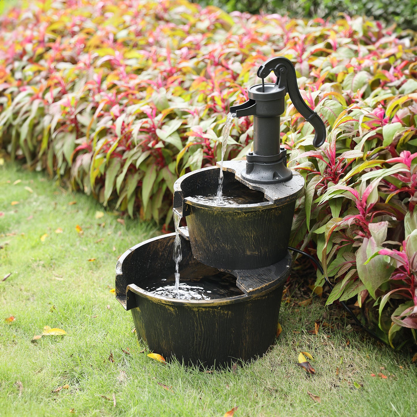 27" Tall 2-Tier Barrel and Pump Waterfall Fountain