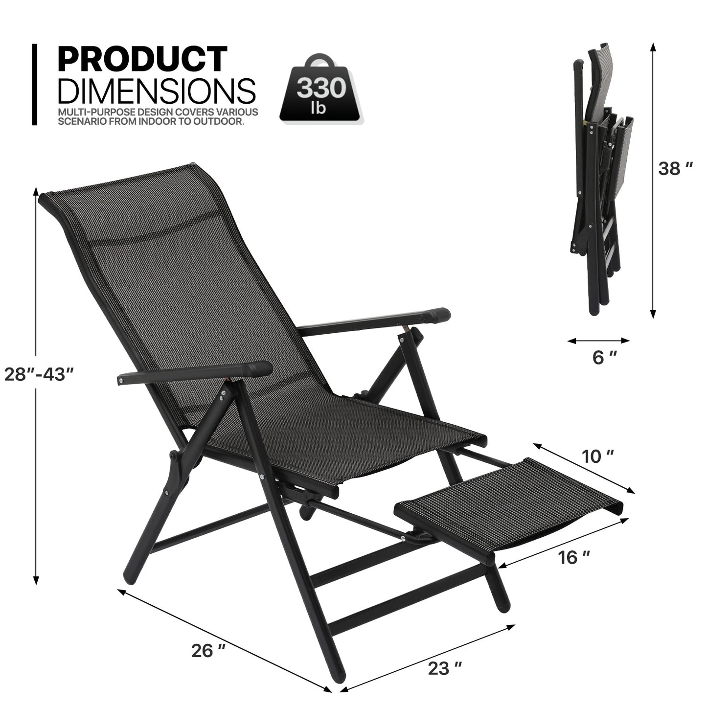 2 Pack Folding Lounge Chair - Retractable Footrest