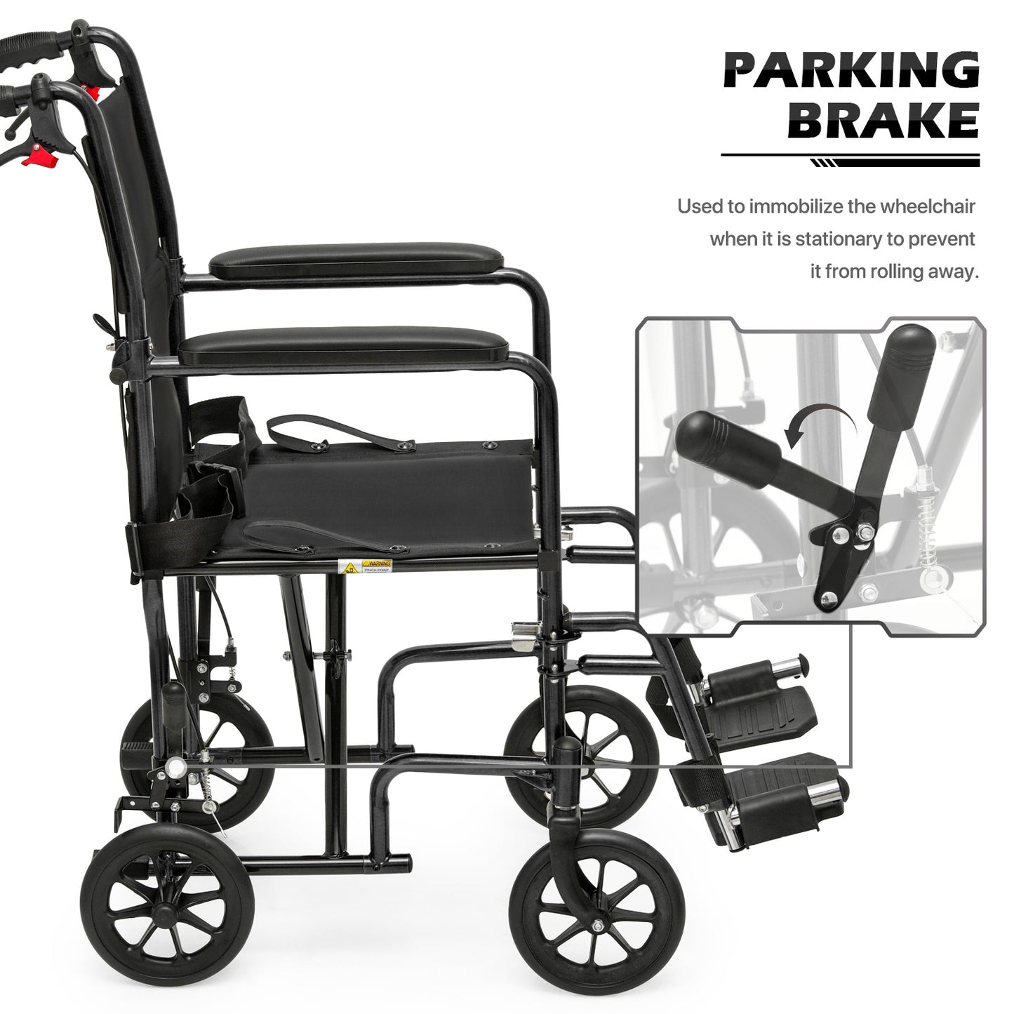 Lightweight Transport Wheelchair - FDA Approved, with Handbrakes, Black