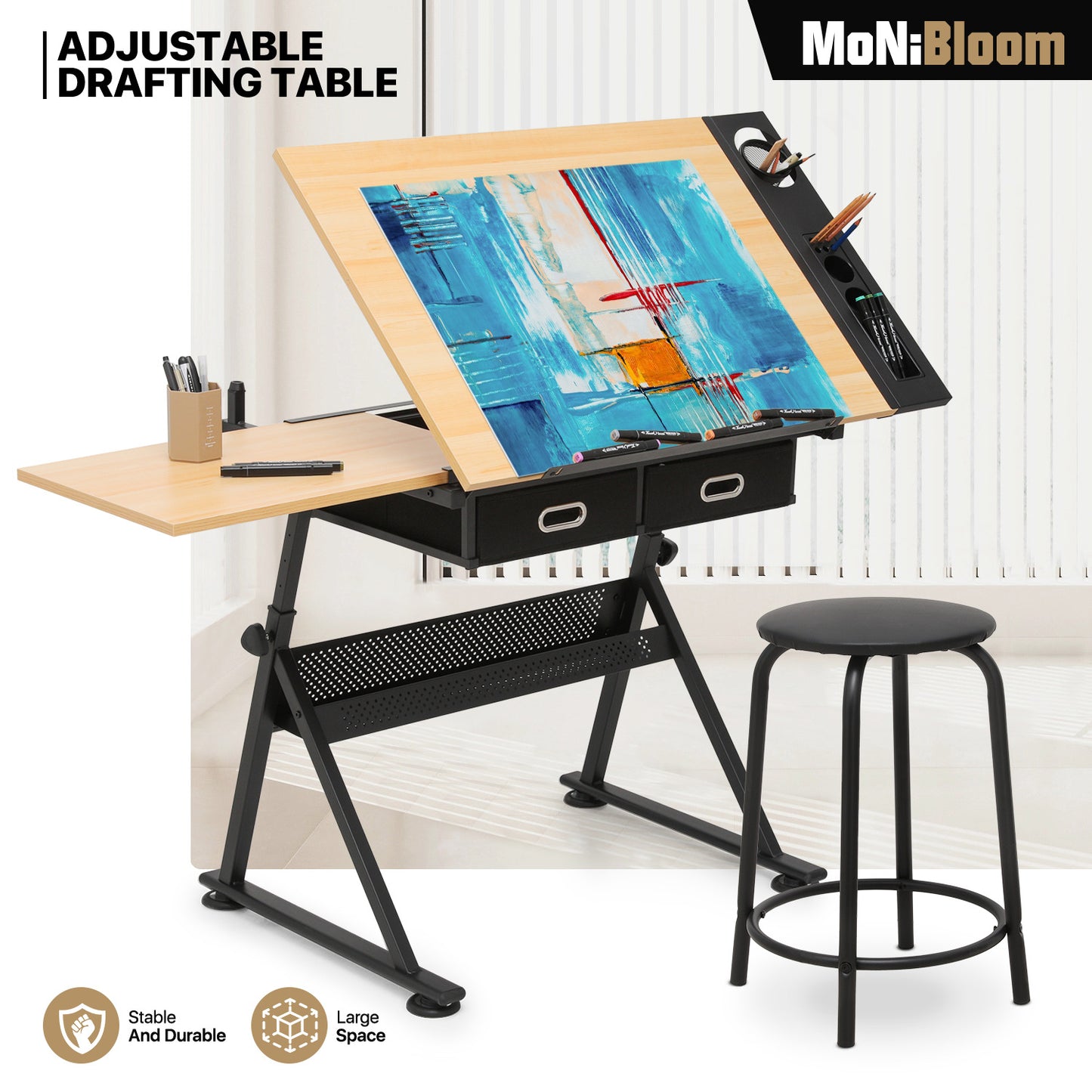 Drafting Table - 61" Natural desktop with black frame, 2 black drawers, with black stool