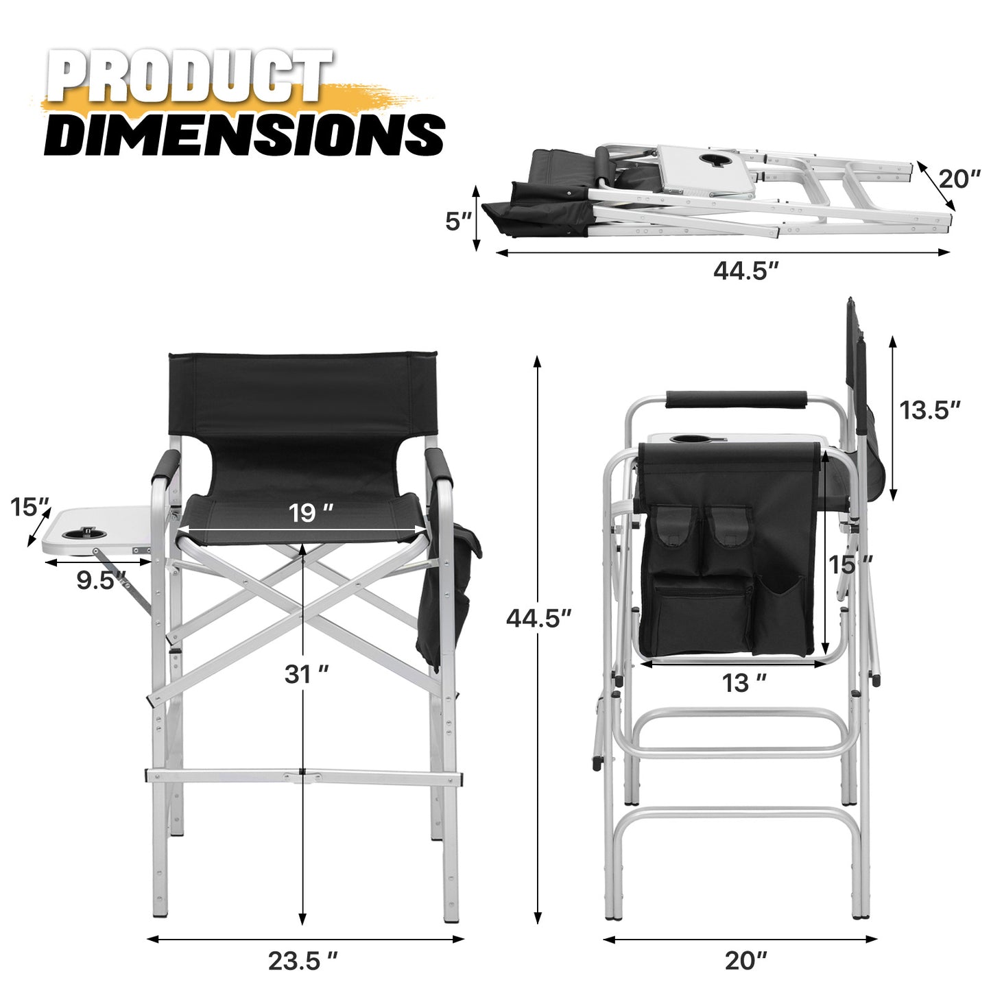 Foldable Director Chair-31" Seat Height-Cup Holder Tray+Side Pocket
