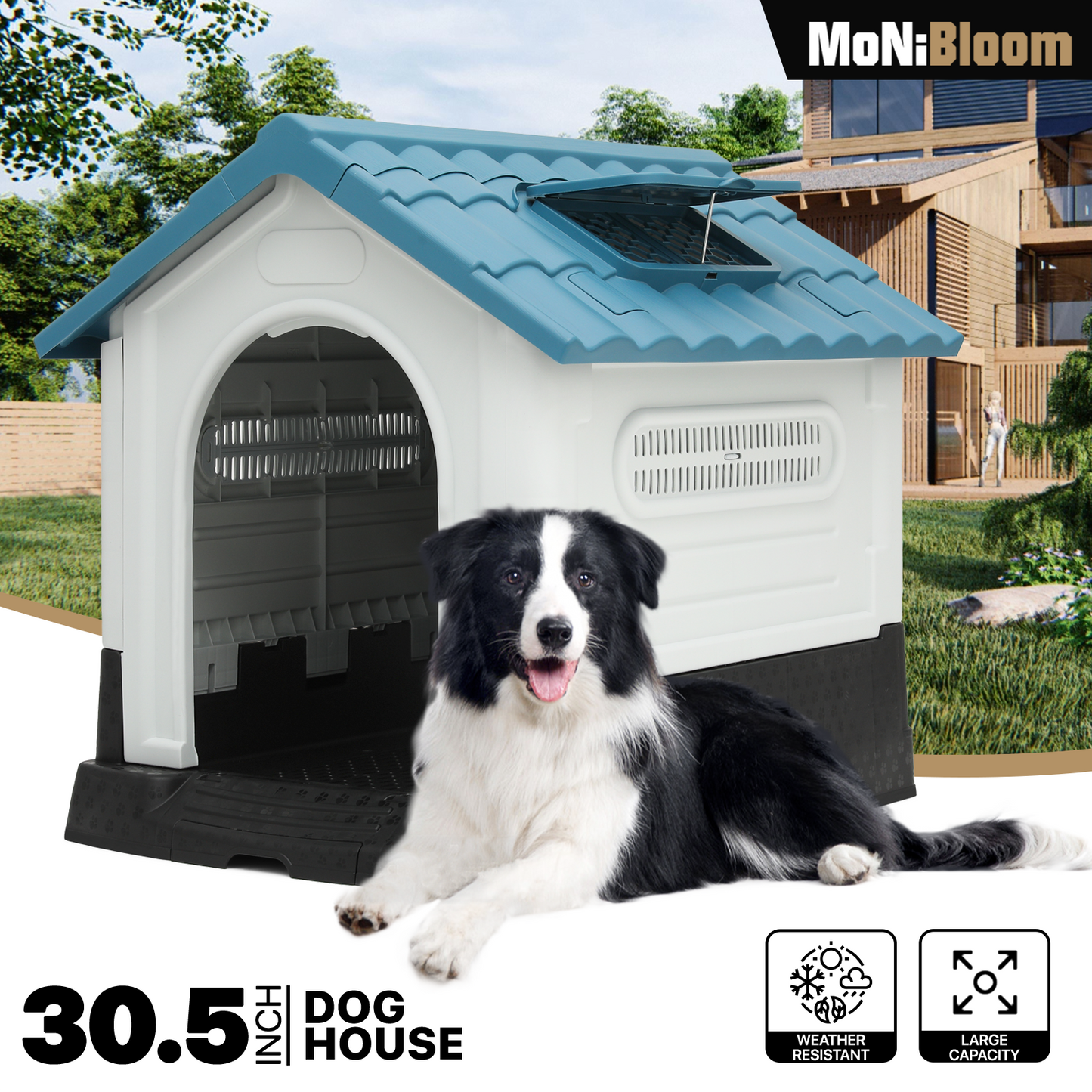 Plastic Dog House - with Adjustable Skylight, Elevated Base