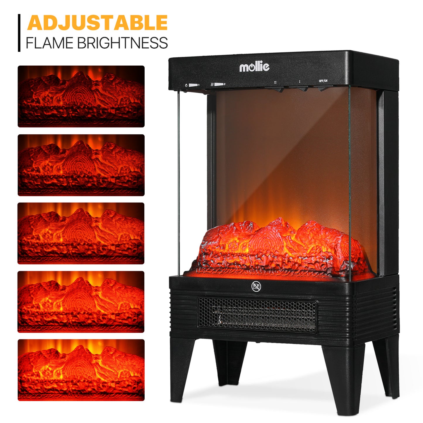 Freestanding Electric Fireplace - 1500W Space Heater - Adjustable Flame Brightness