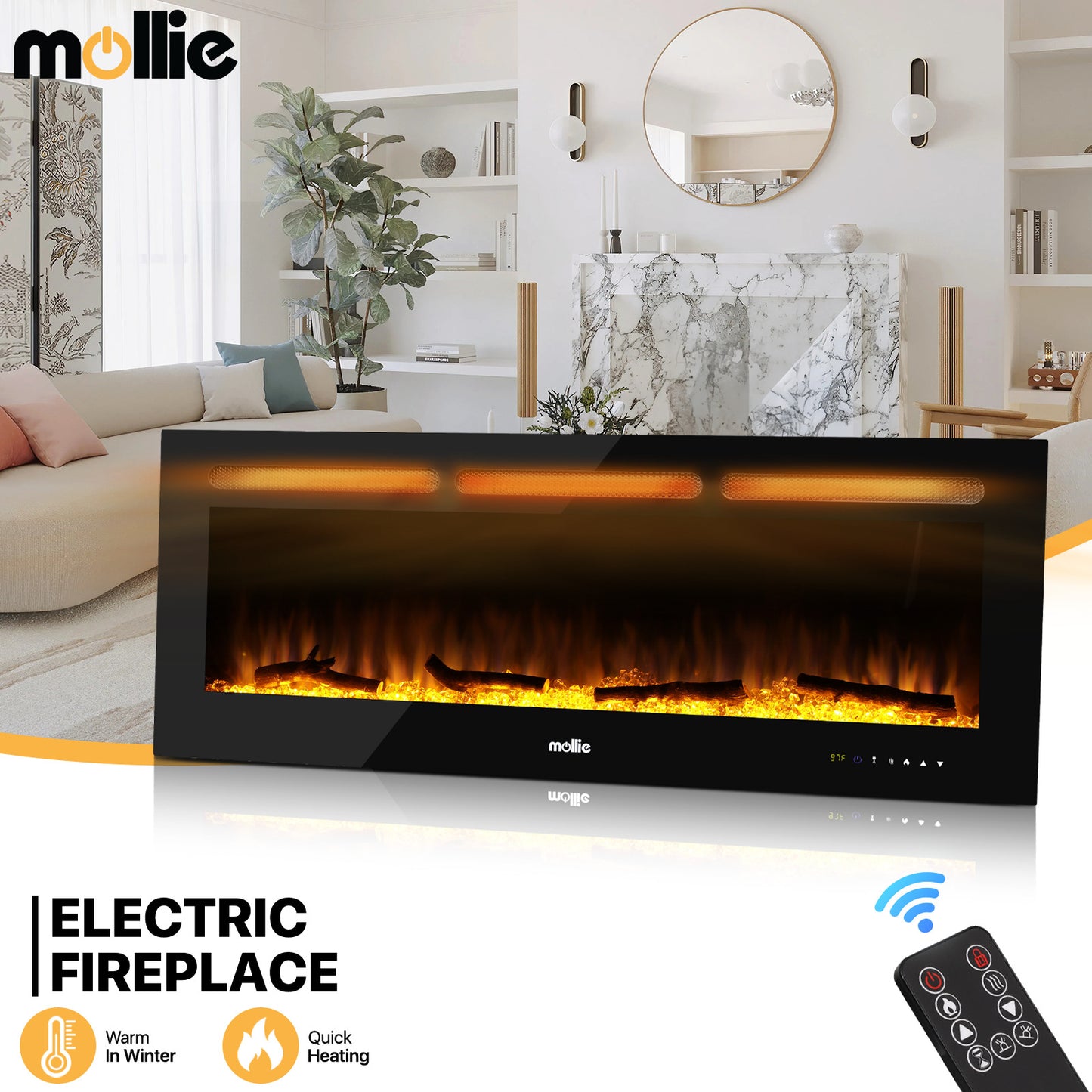 50" Wall Mounted Electric Fireplace - 1400W Space Heater - 8 Flame Colors 4 Brightness Level - with Remote