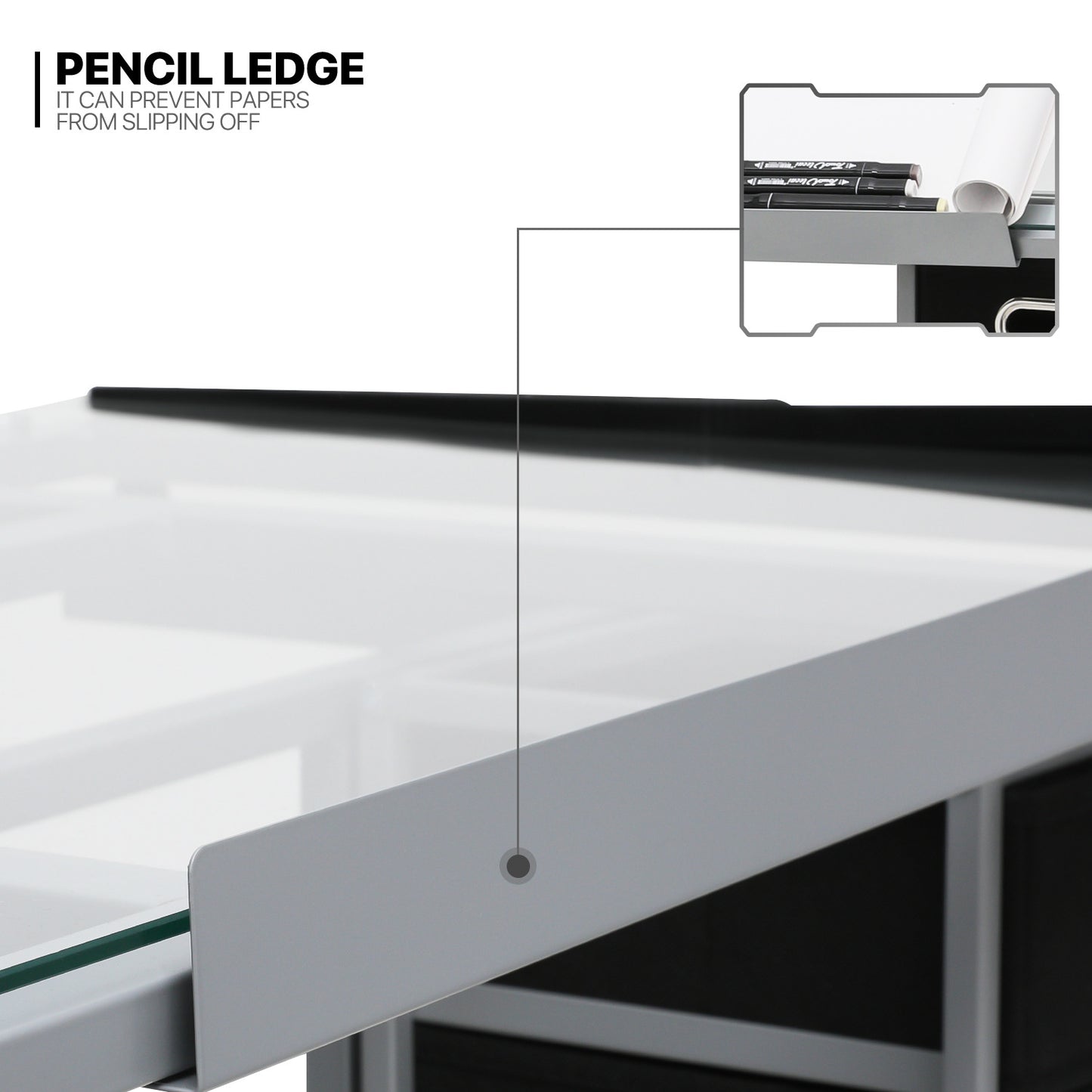 Drafting Table - 41" Crystal desktop with grey frame, 2 black drawers, rolling casters